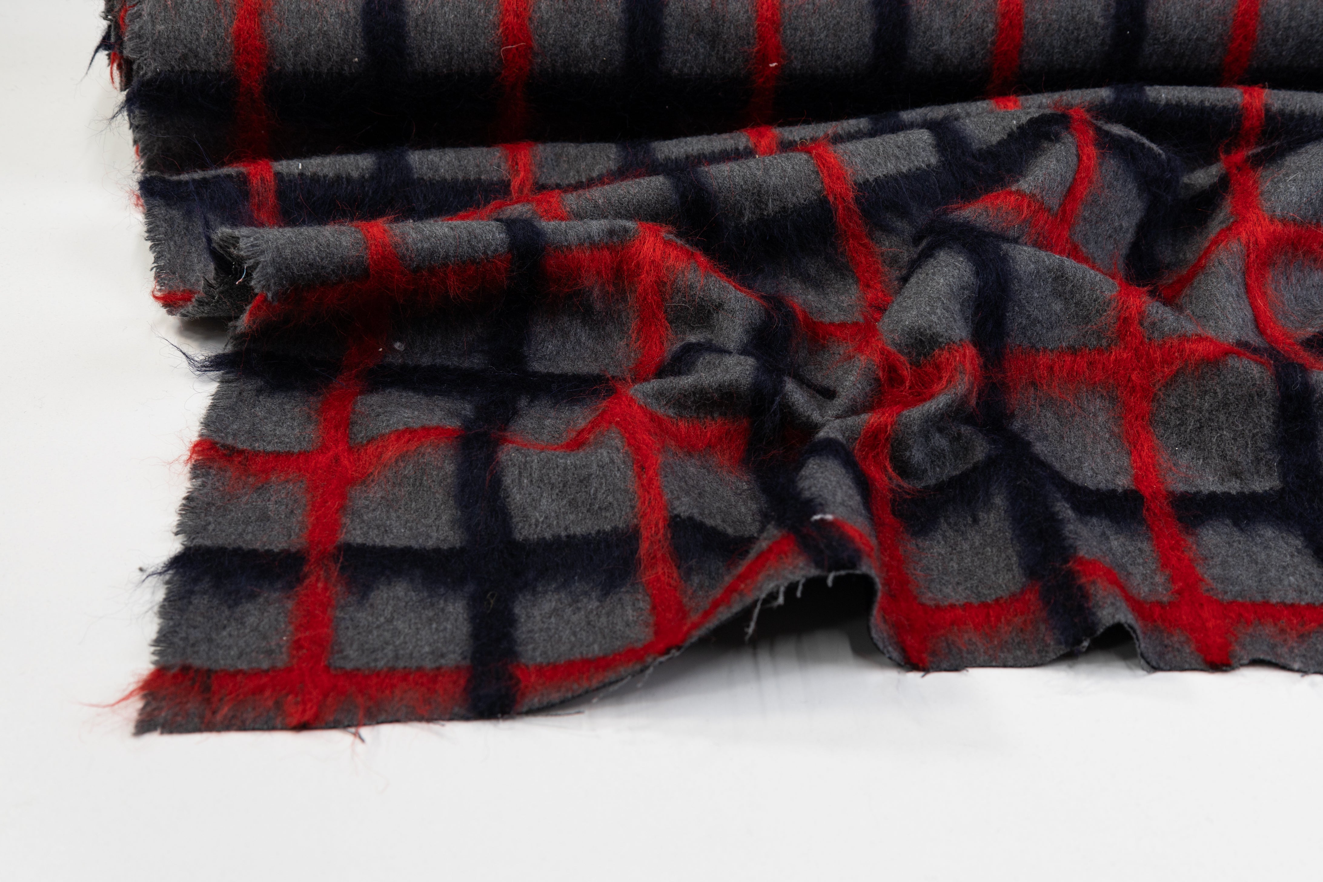 Windowpane Longhair Wool Blend Coating - Gray / Red / Navy