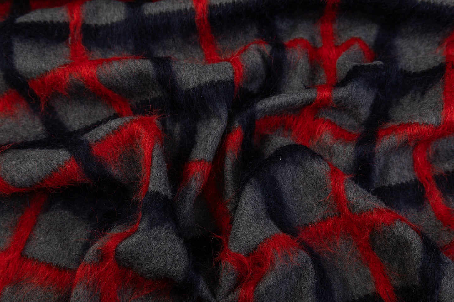 Windowpane Longhair Wool Blend Coating - Gray / Red / Navy
