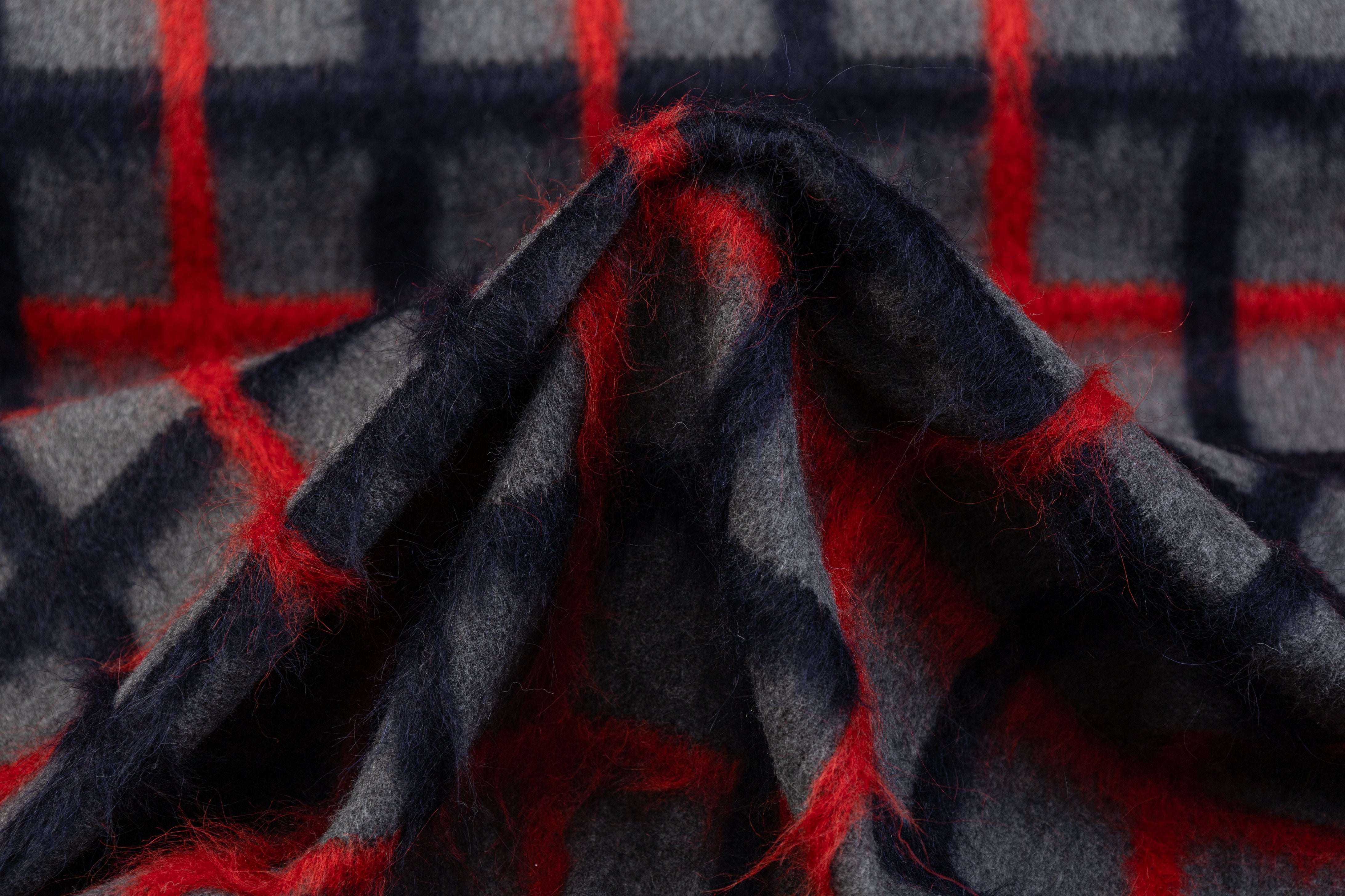 Windowpane Longhair Wool Blend Coating - Gray / Red / Navy