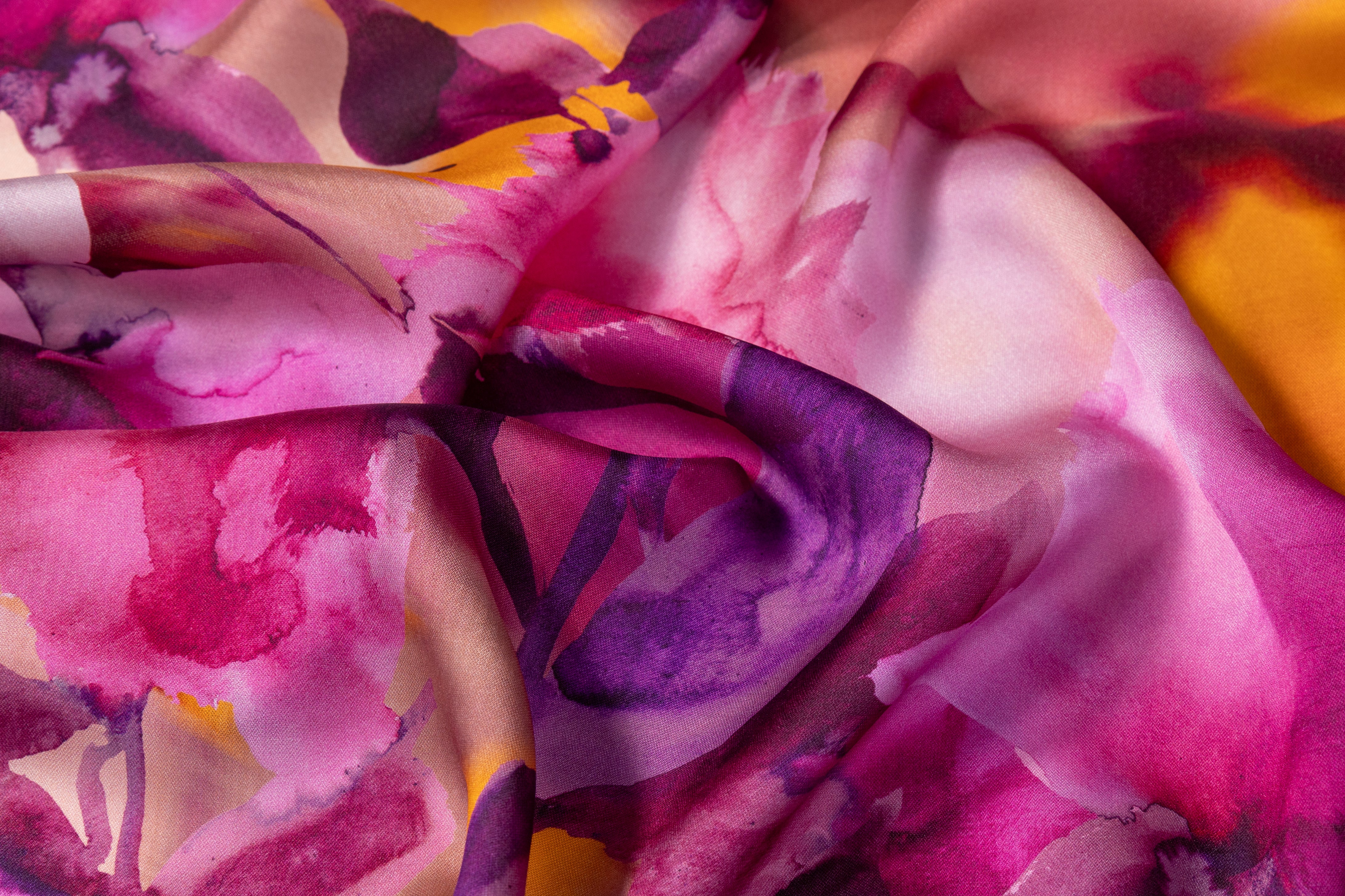 Floral Italian Satin Face Silk Georgette - Fuchsia / Orange