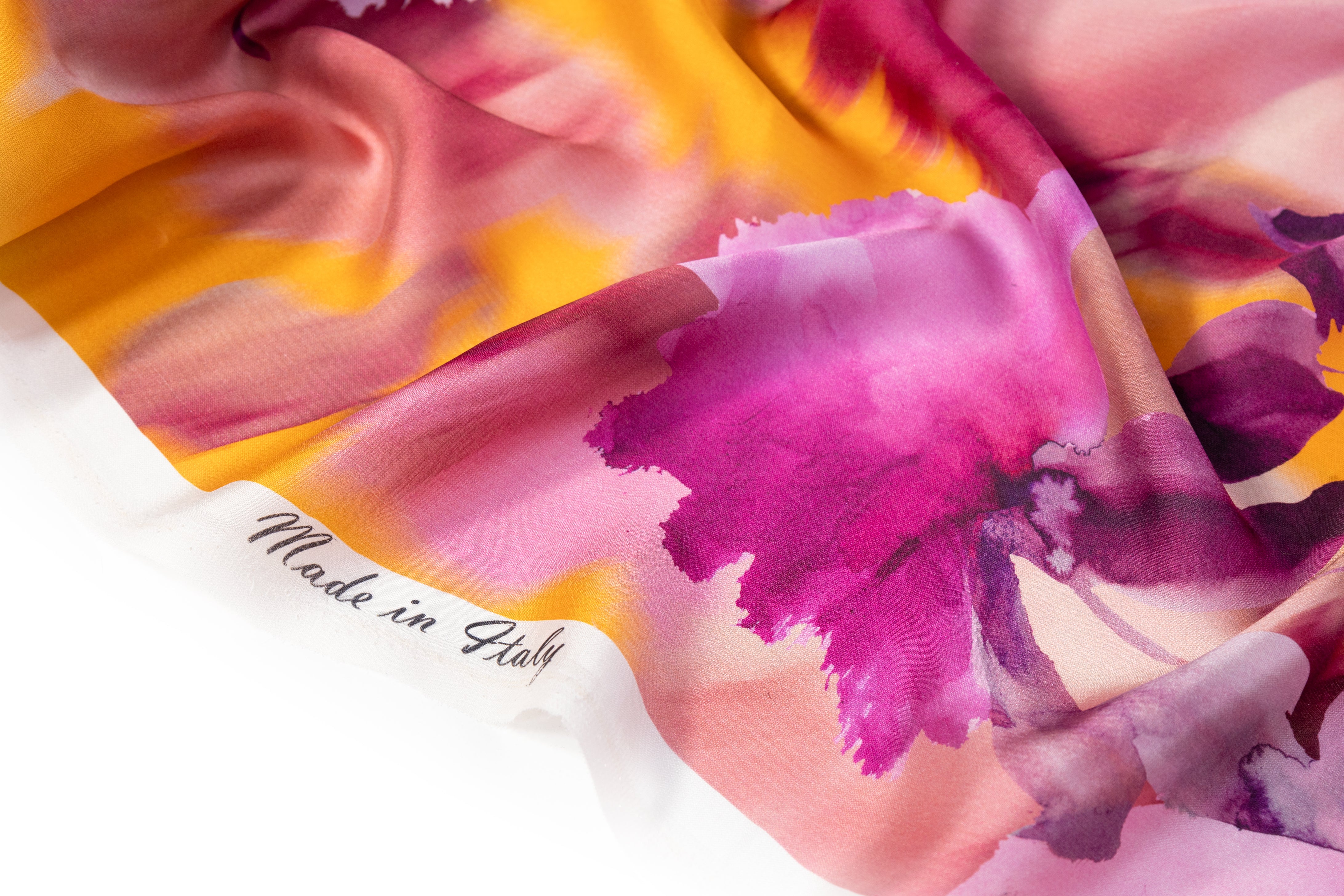 Floral Italian Satin Face Silk Georgette - Fuchsia / Orange