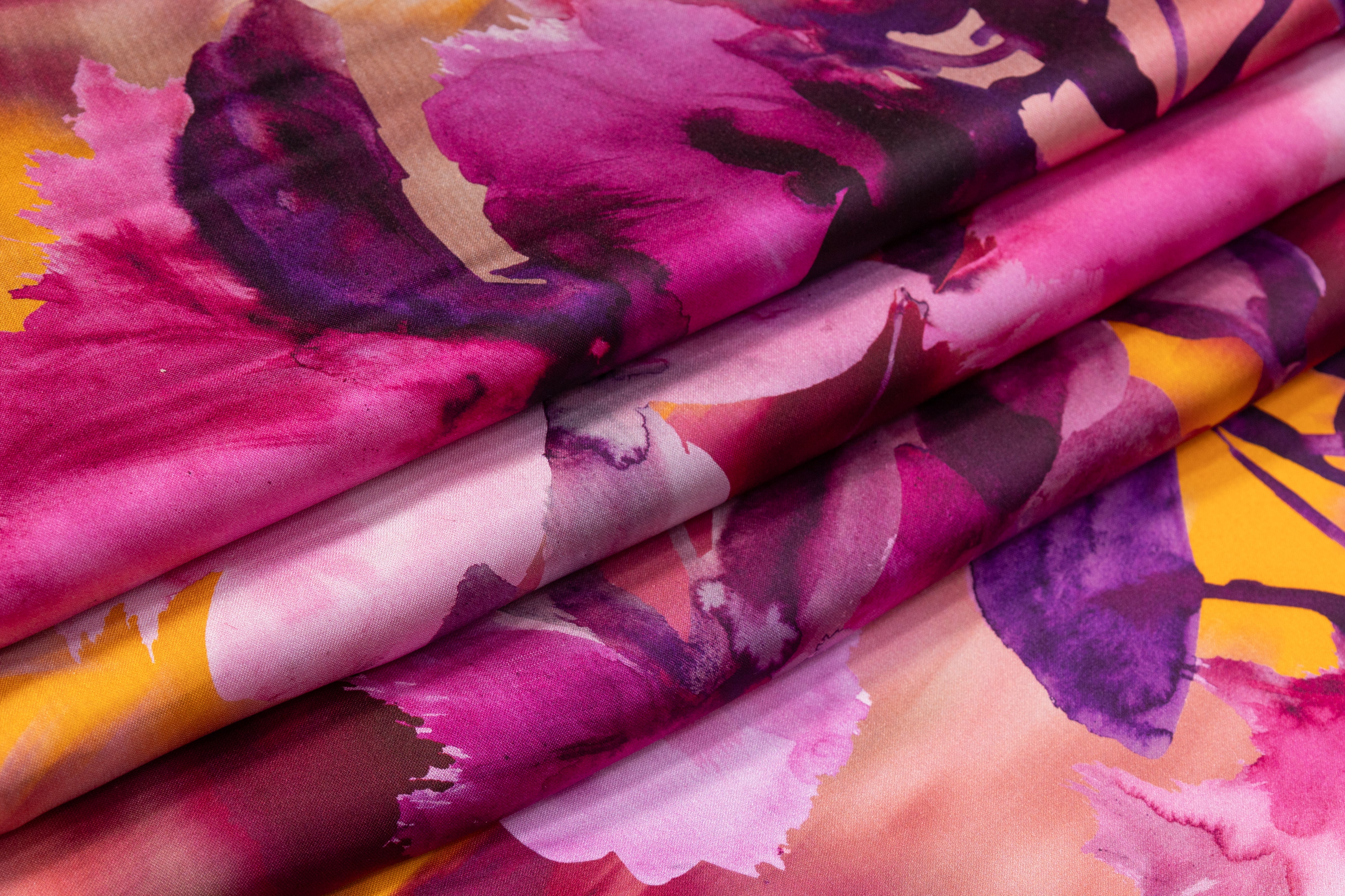 Floral Italian Satin Face Silk Georgette - Fuchsia / Orange