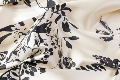 Floral Printed Poly Mikado - Off White / Black