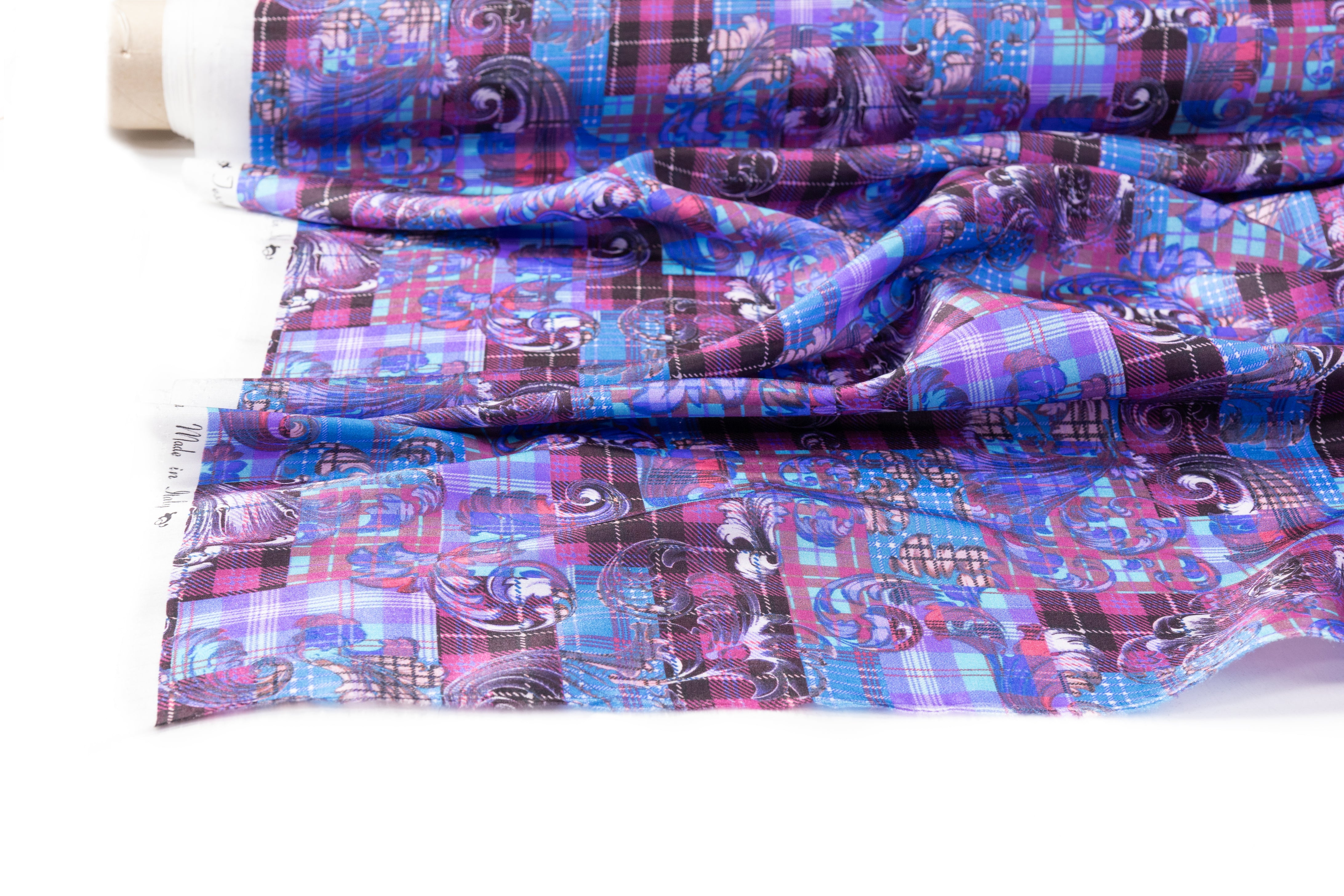 Baroque Plaid Italian Silk Crepe de Chine - Blue / Purple