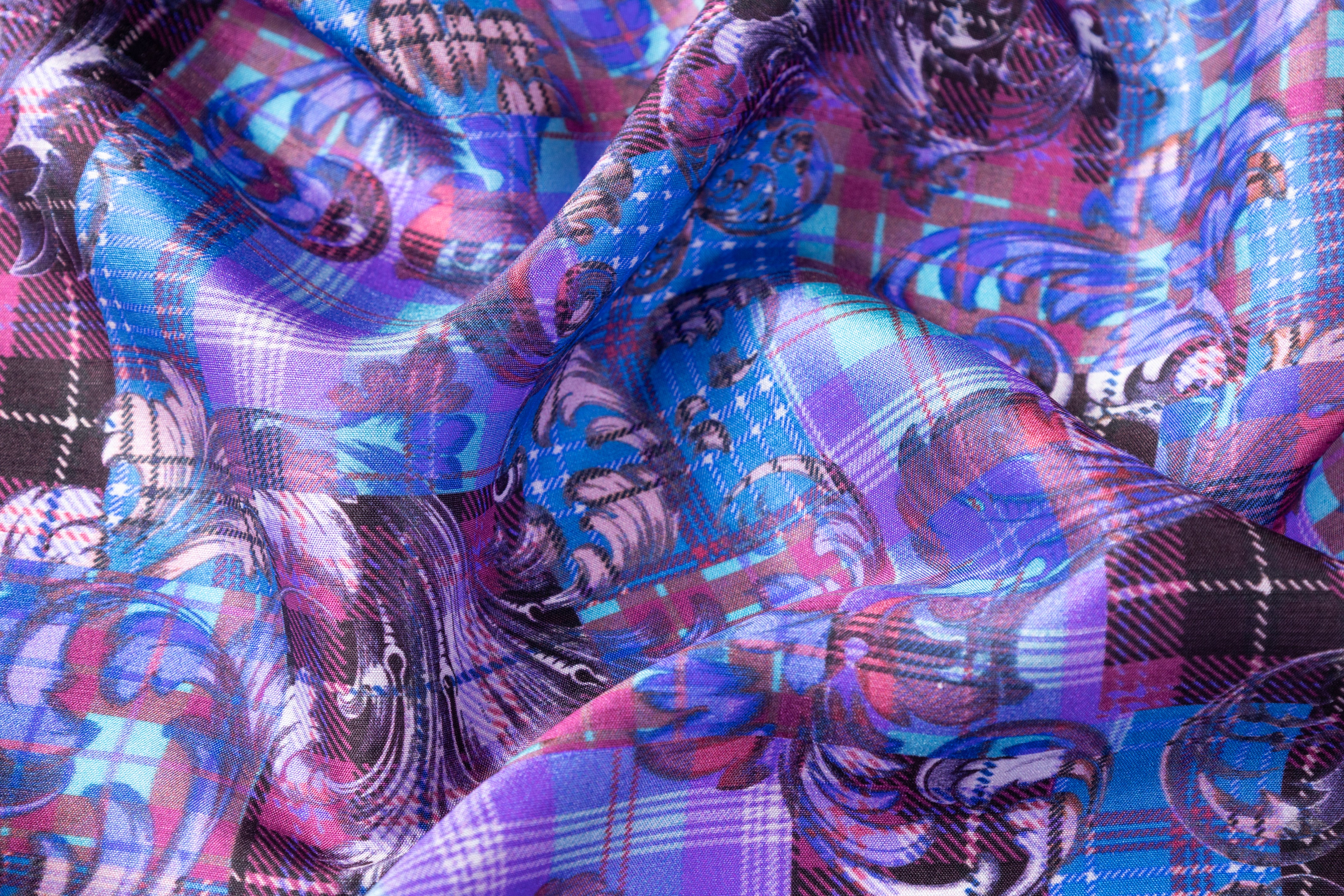 Baroque Plaid Italian Silk Crepe de Chine - Blue / Purple