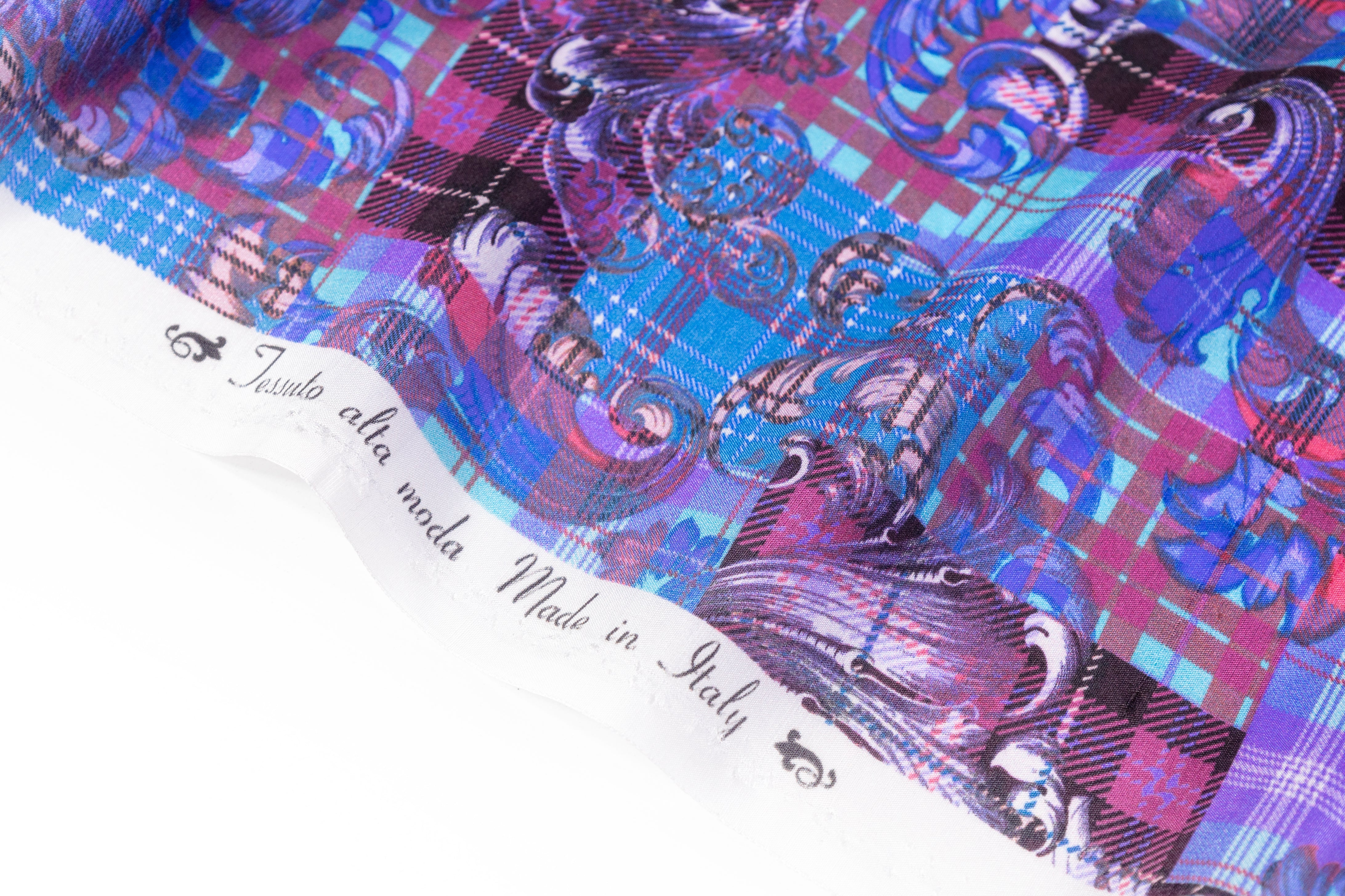 Baroque Plaid Italian Silk Crepe de Chine - Blue / Purple