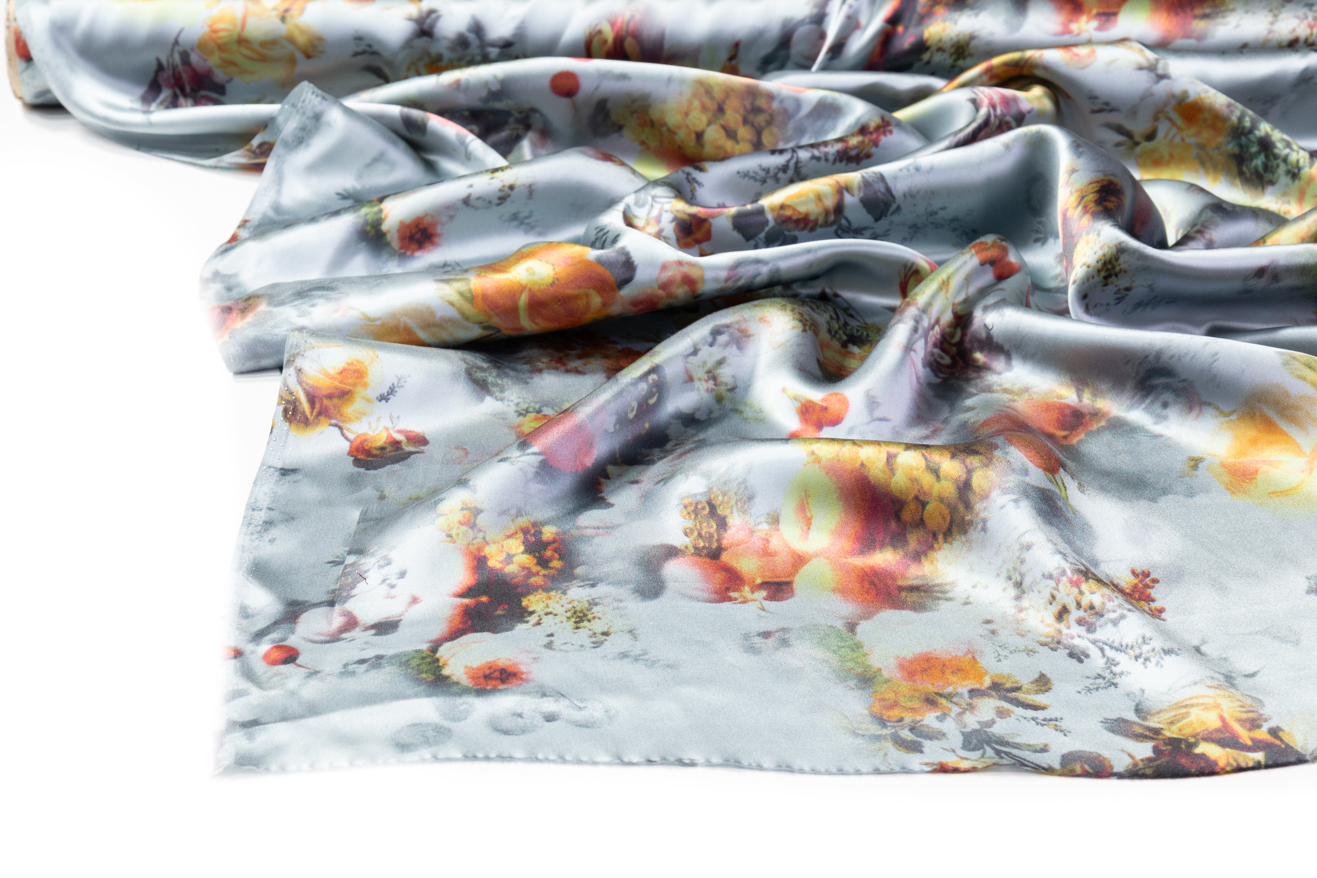 Floral Italian Silk Charmeuse - Steel Blue
