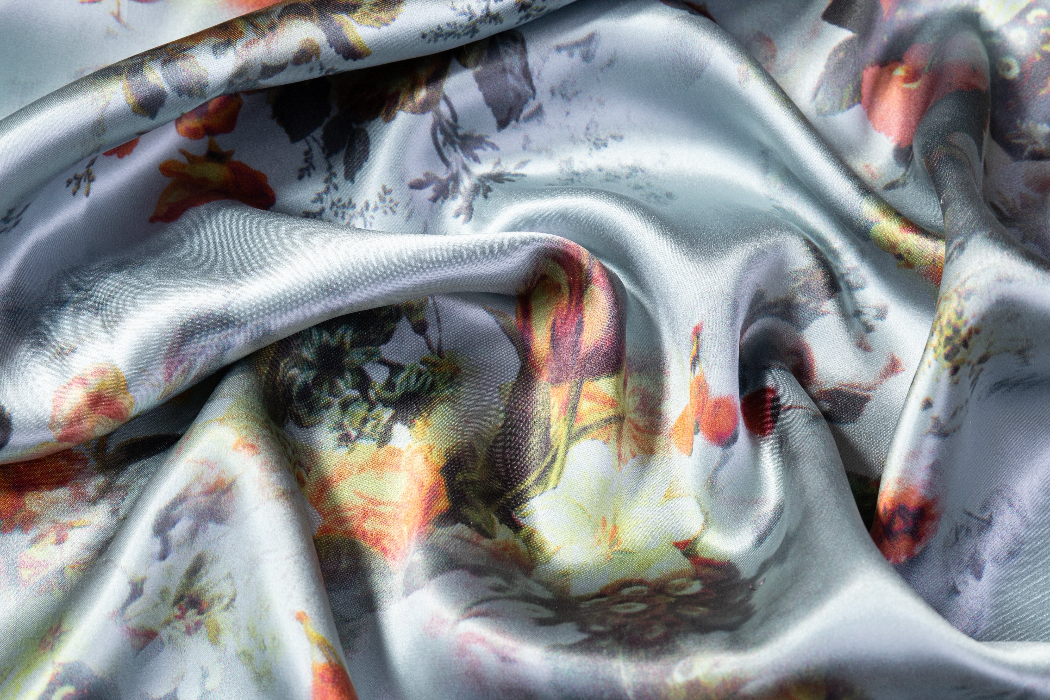 Floral Italian Silk Charmeuse - Steel Blue