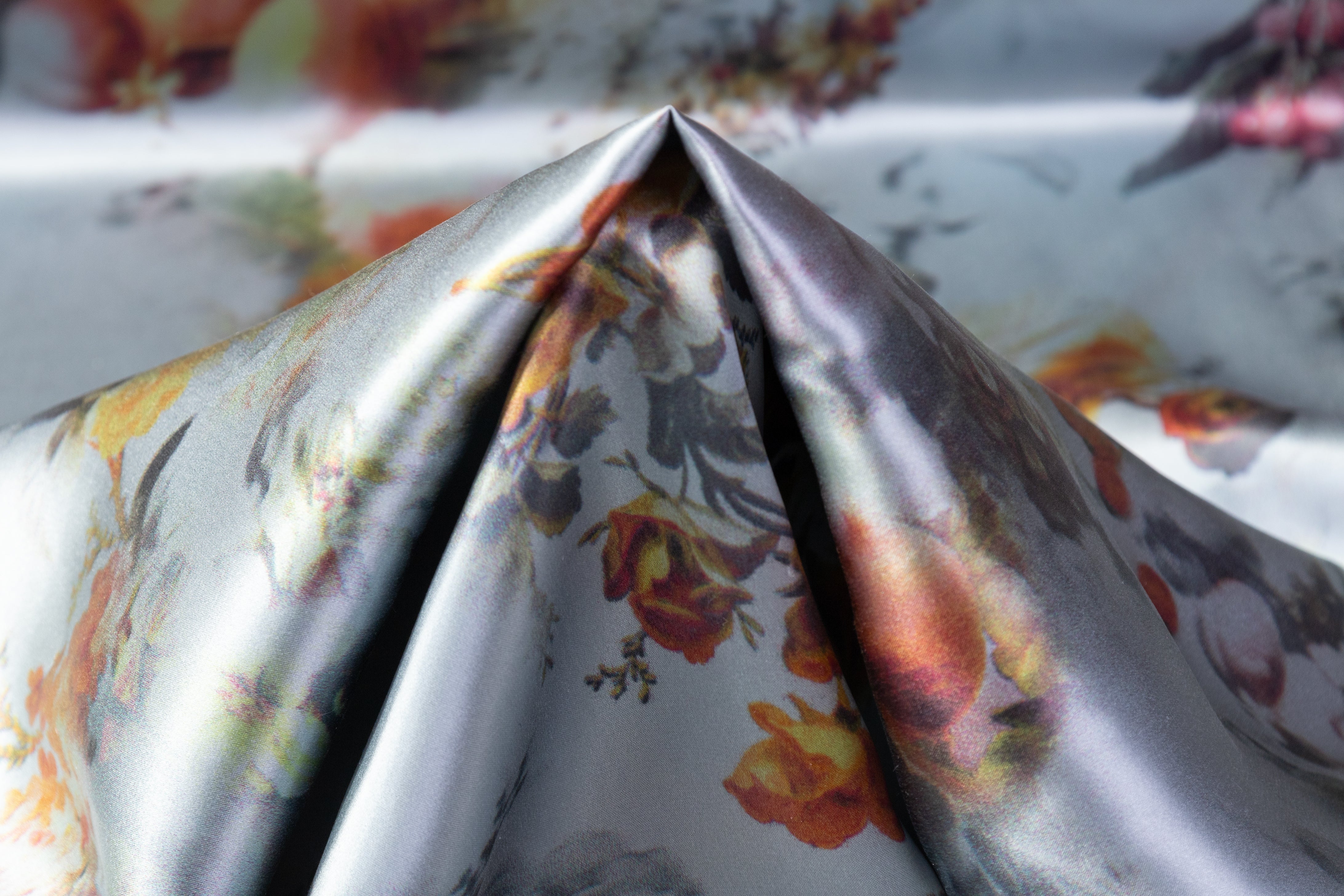 Floral Italian Silk Charmeuse - Steel Blue