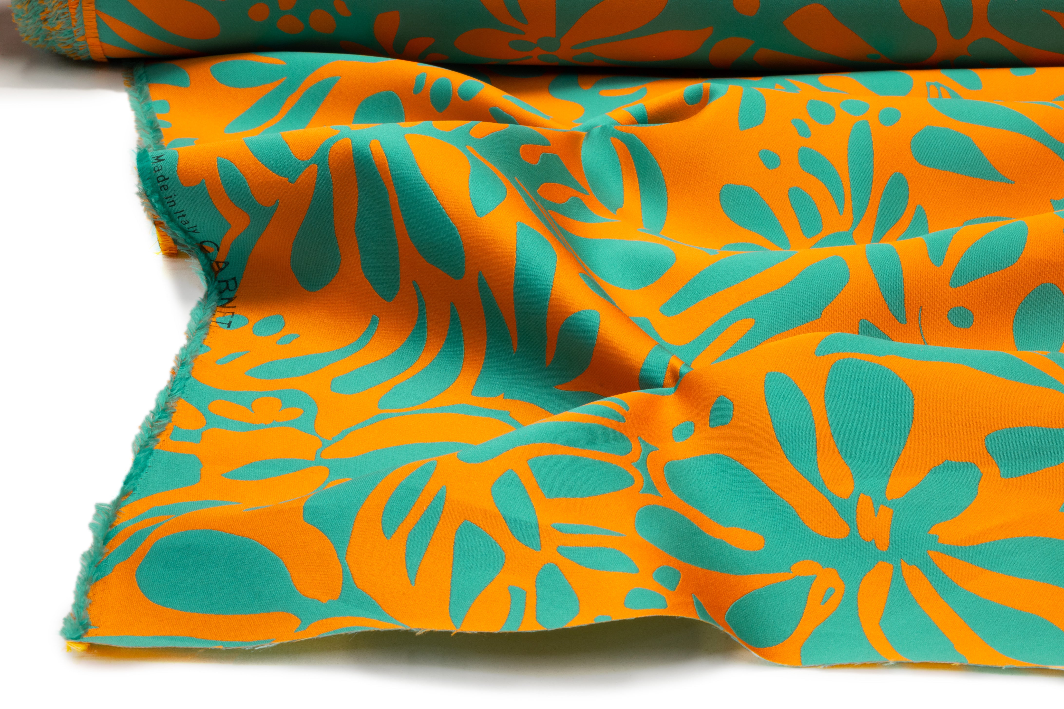 Carnet - Floral Double Faced Italian Silk Blend Brocade - Turquoise / Orange