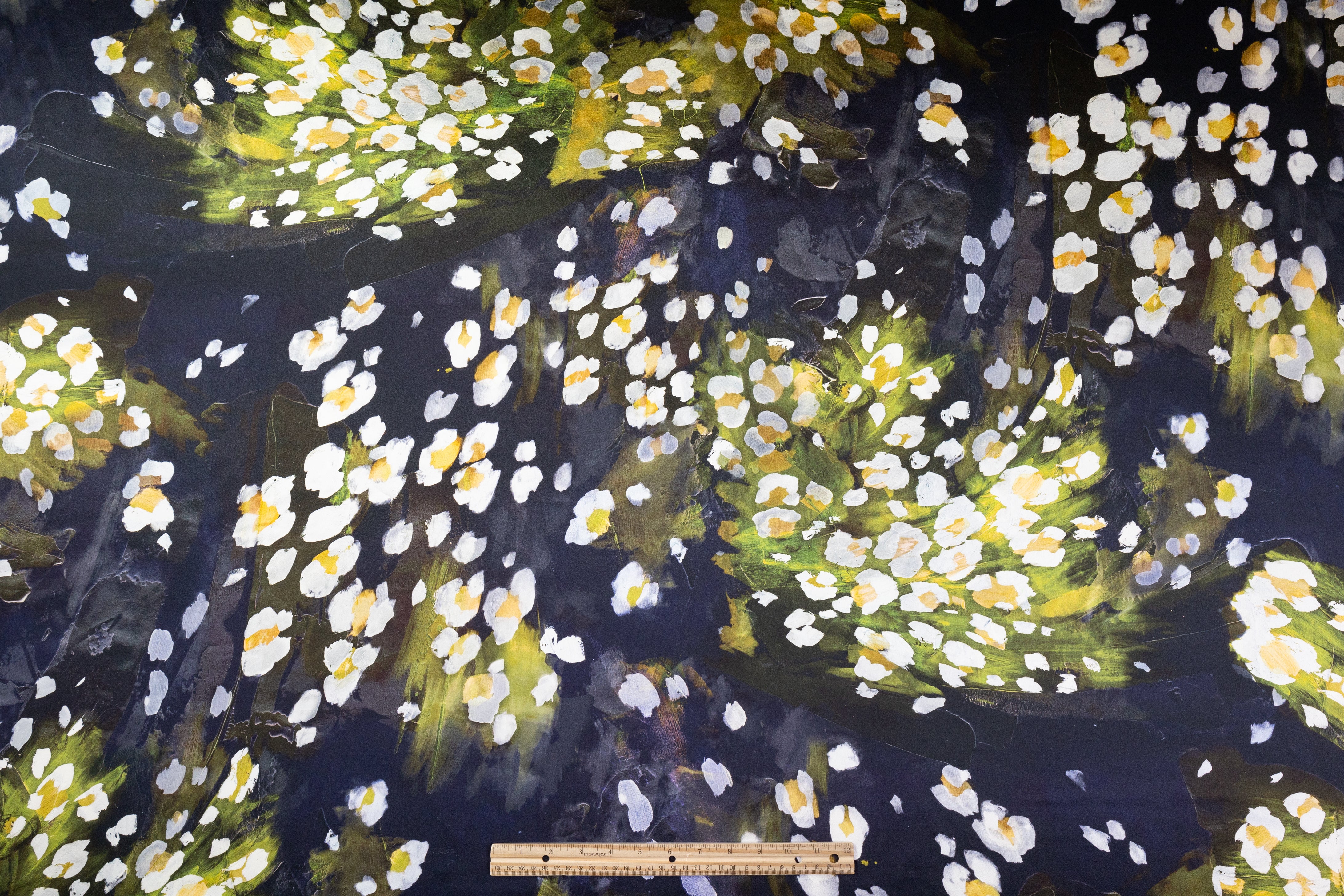 Floral Italian Silk Crepe Back Satin - Navy / Green / Gold