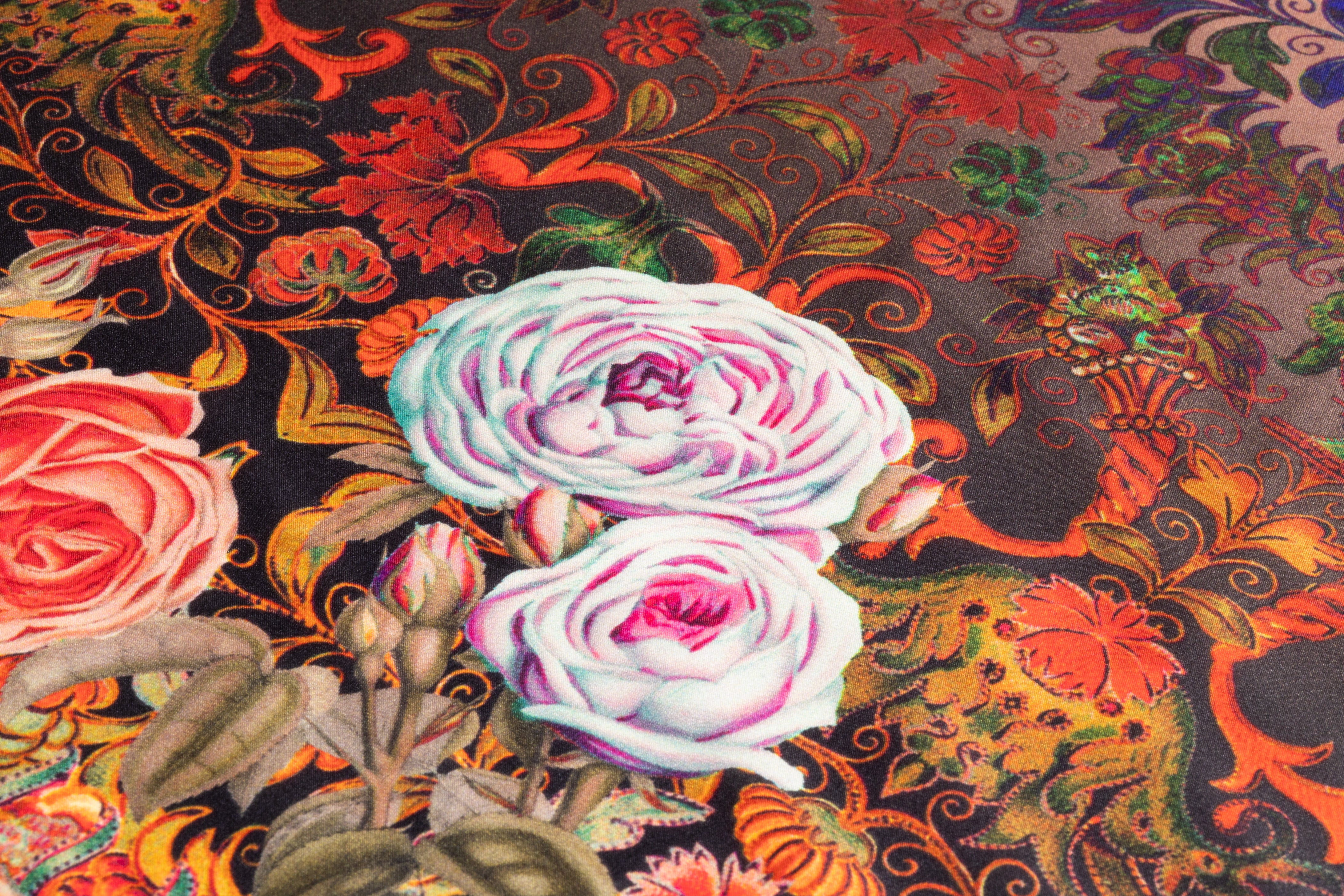 Baroque Floral Border Print Italian Silk Charmeuse - Coral / Yellow / Olive