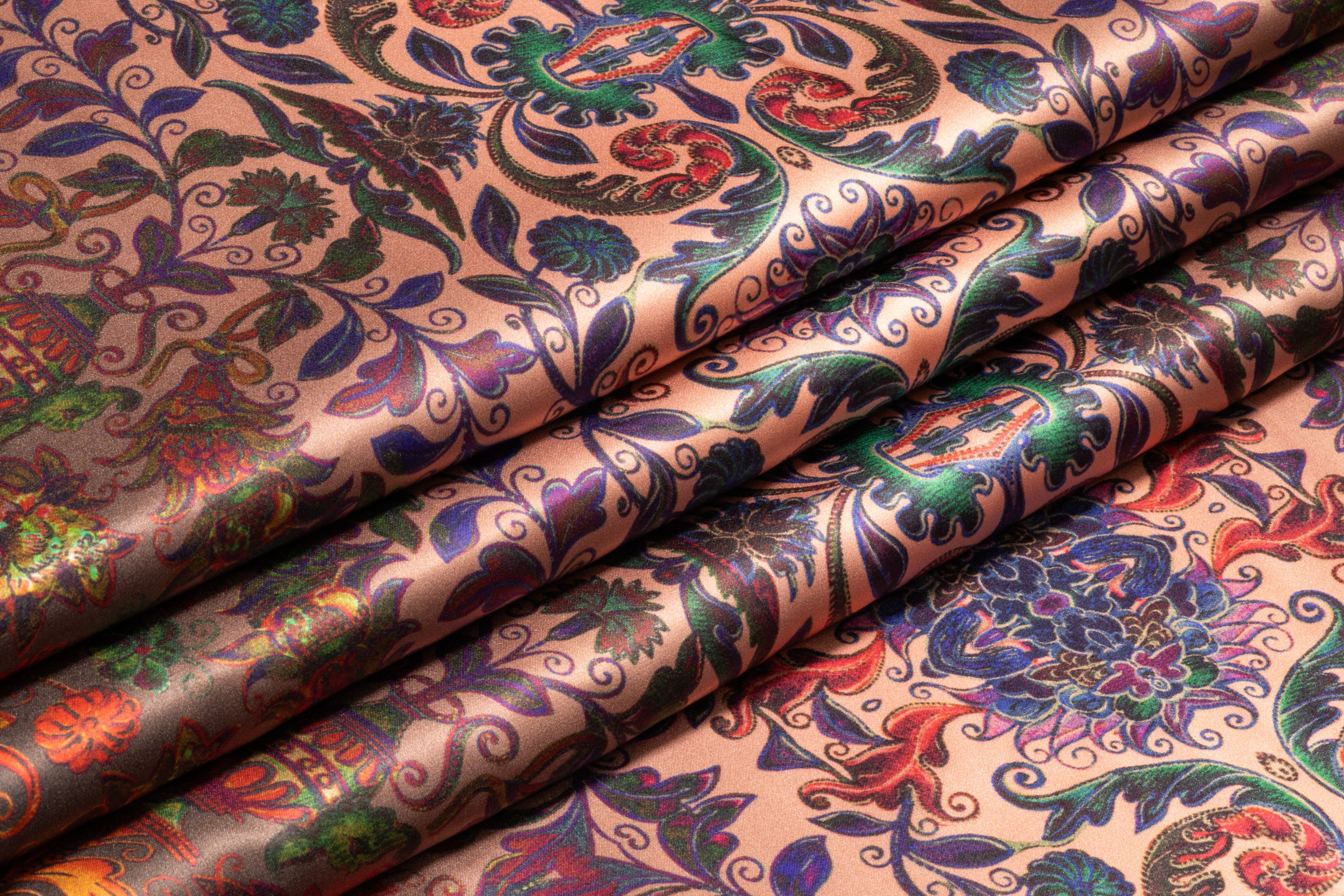 Baroque Floral Border Print Italian Silk Charmeuse - Coral / Yellow / Olive