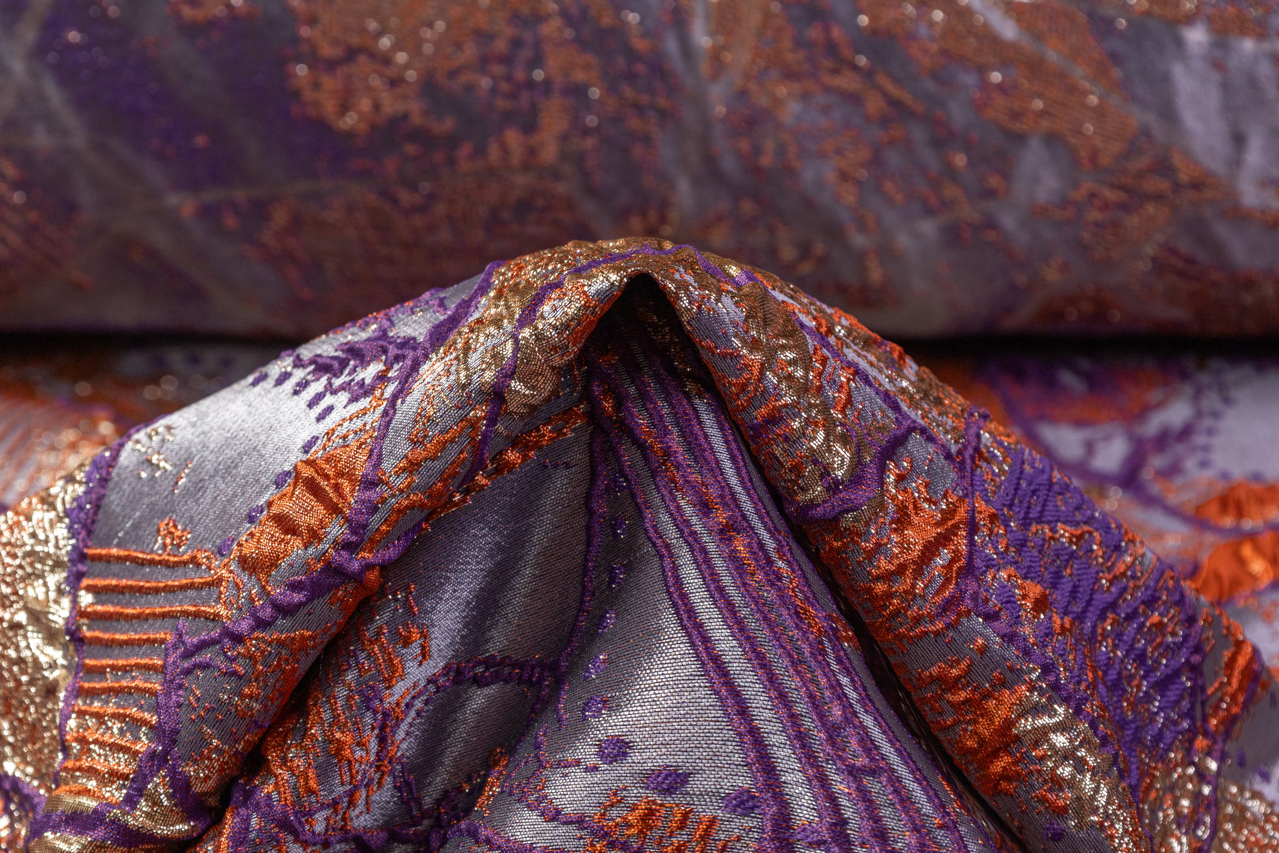 Abstract Metallic Cloqué Brocade - Purple / Gold / Rust