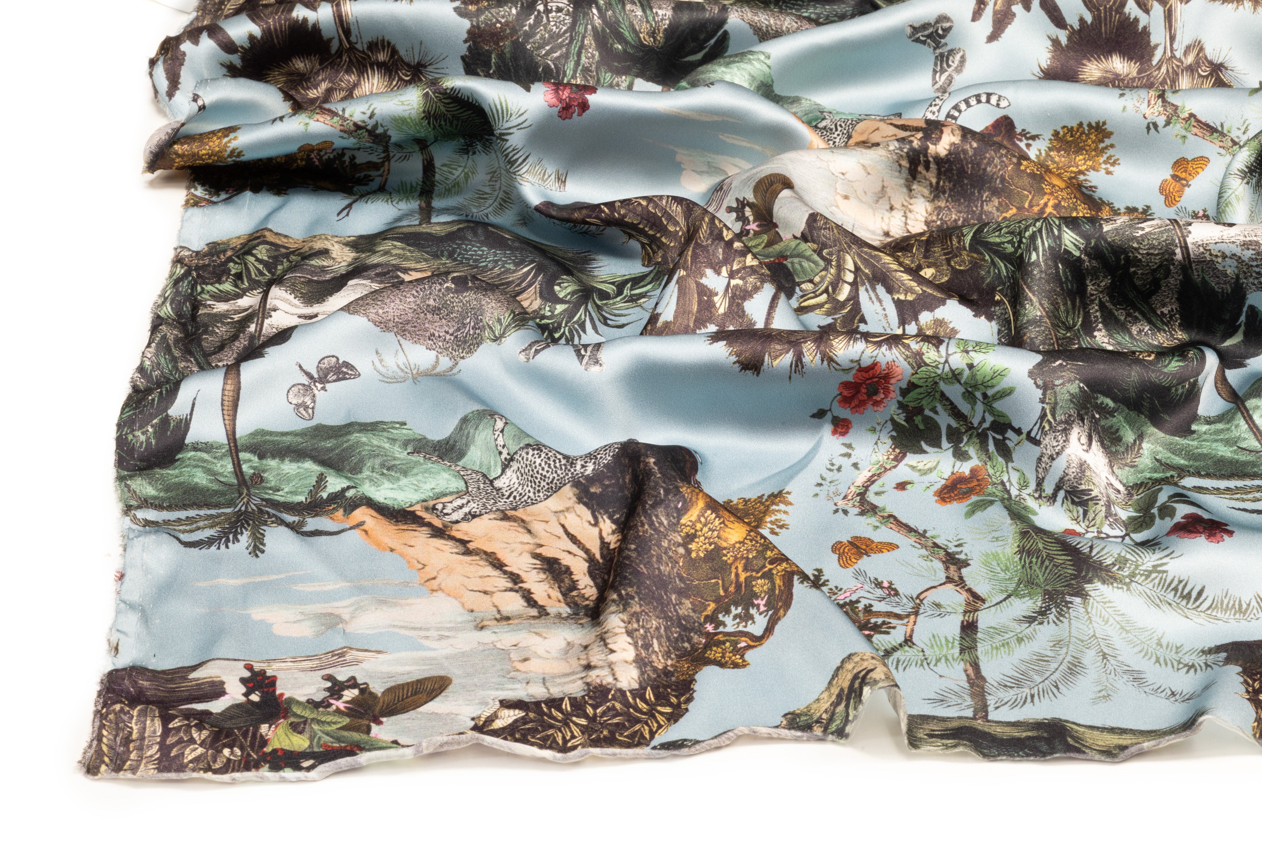 Jungle Toile Italian Silk Charmeuse - Blue