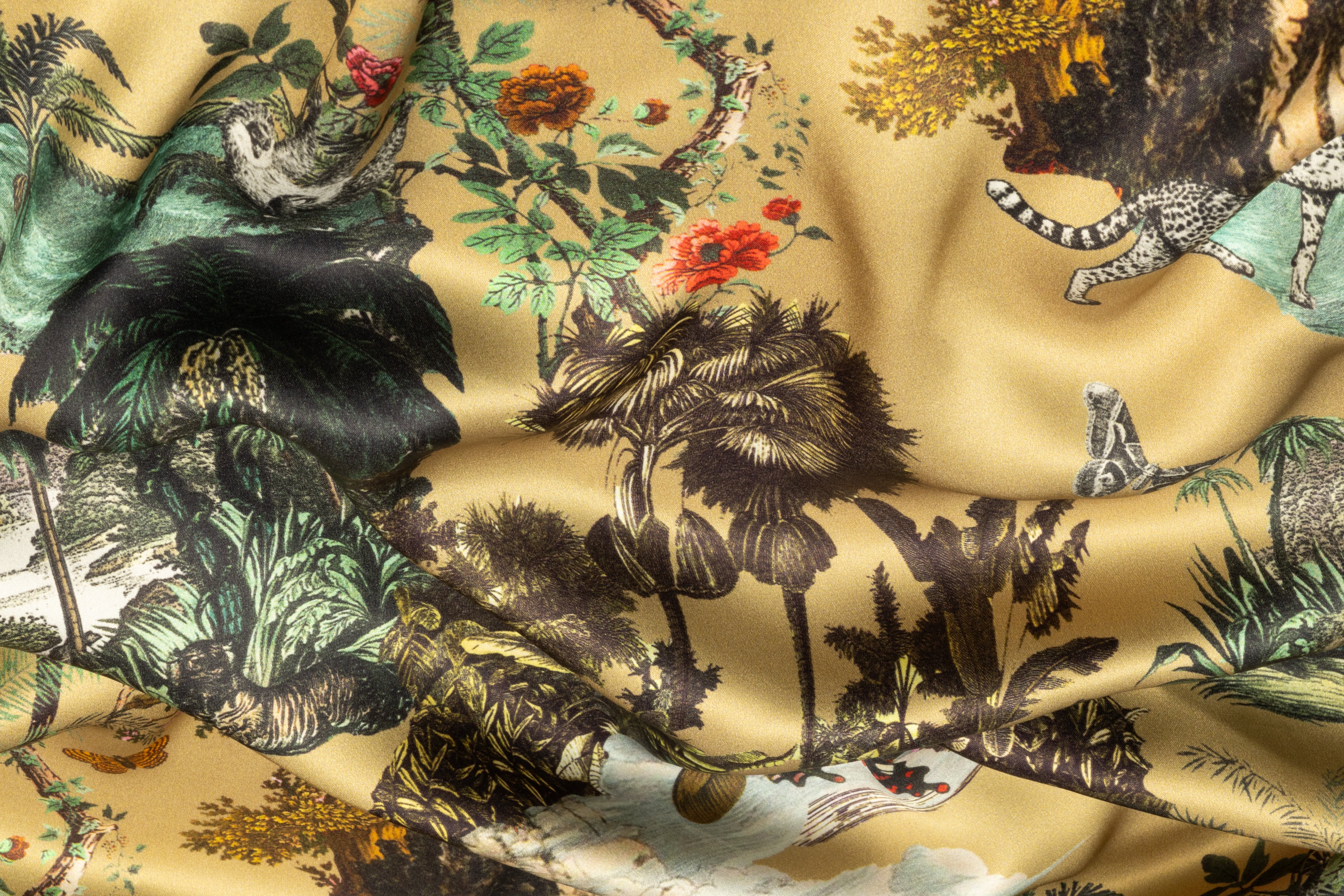 Jungle Toile Italian Silk Charmeuse - Dark Champagne