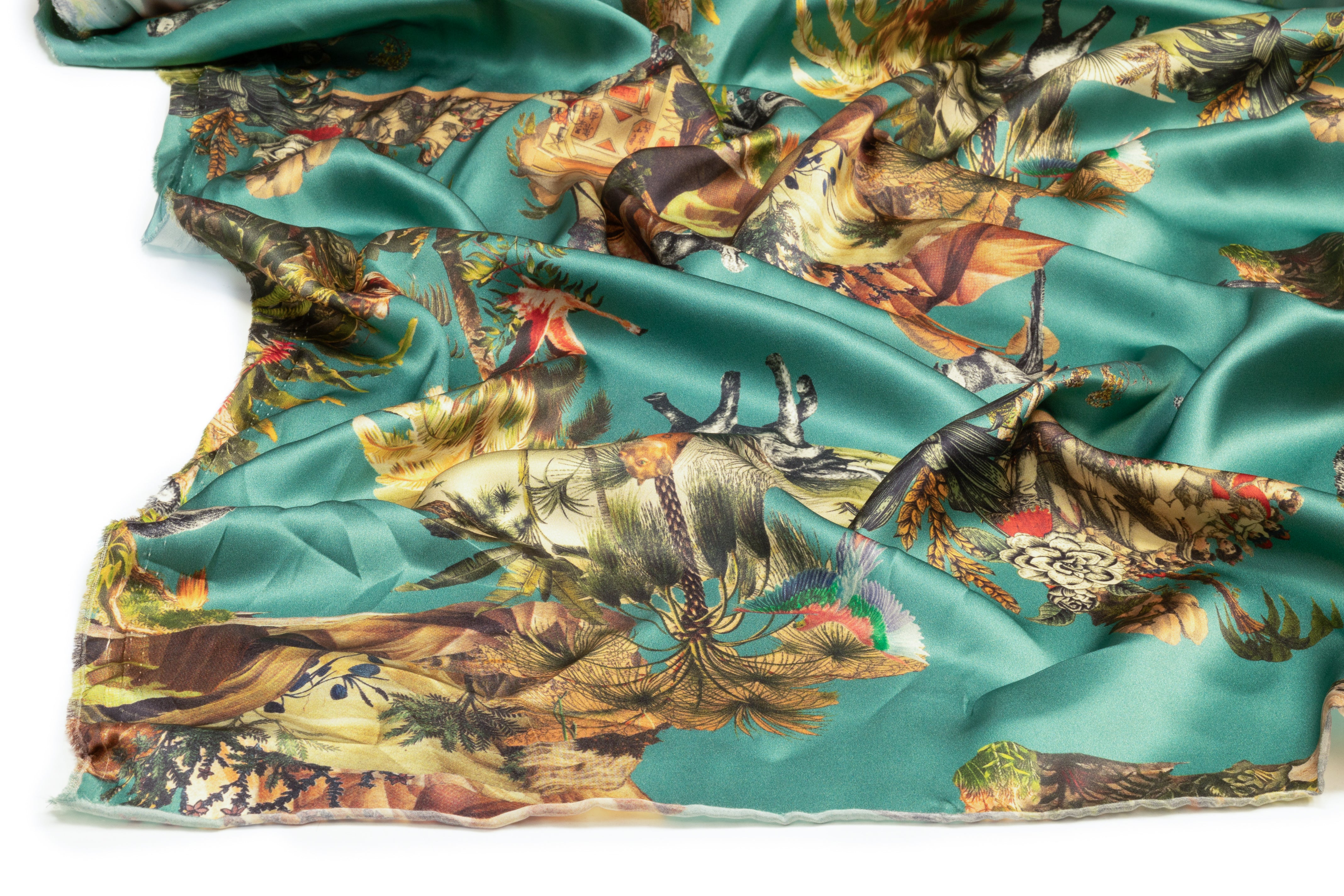 Jungle Toile Italian Silk Charmeuse - Teal Green