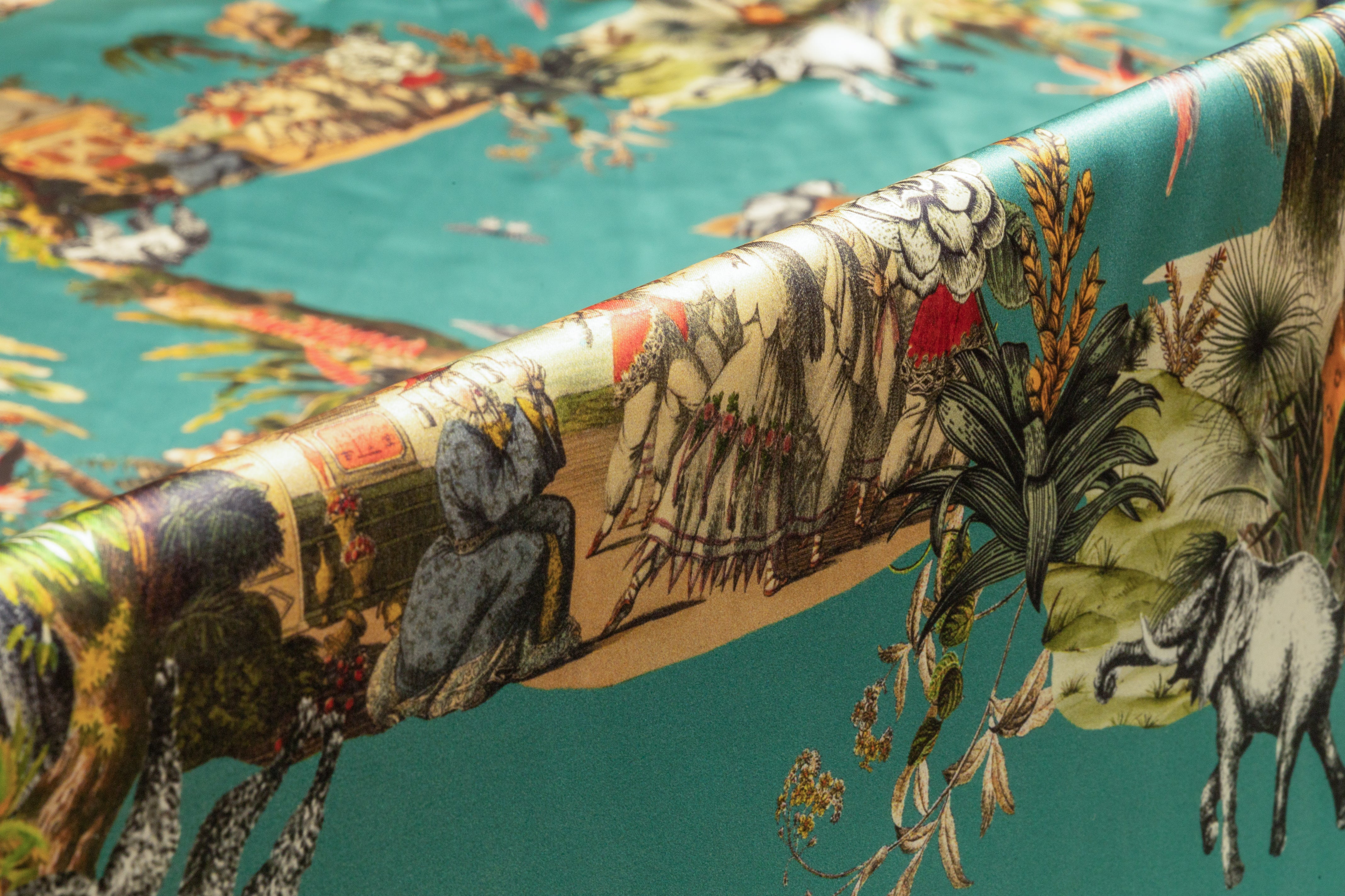Jungle Toile Italian Silk Charmeuse - Teal Green