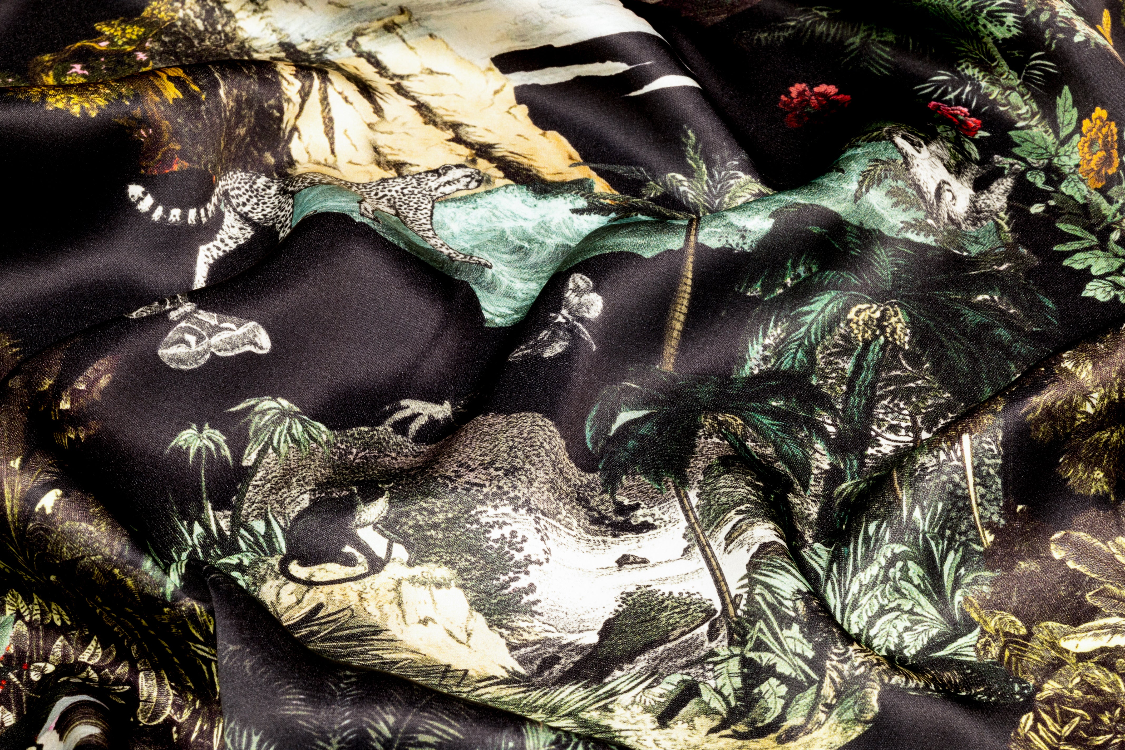 Jungle Toile Italian Silk Charmeuse - Black
