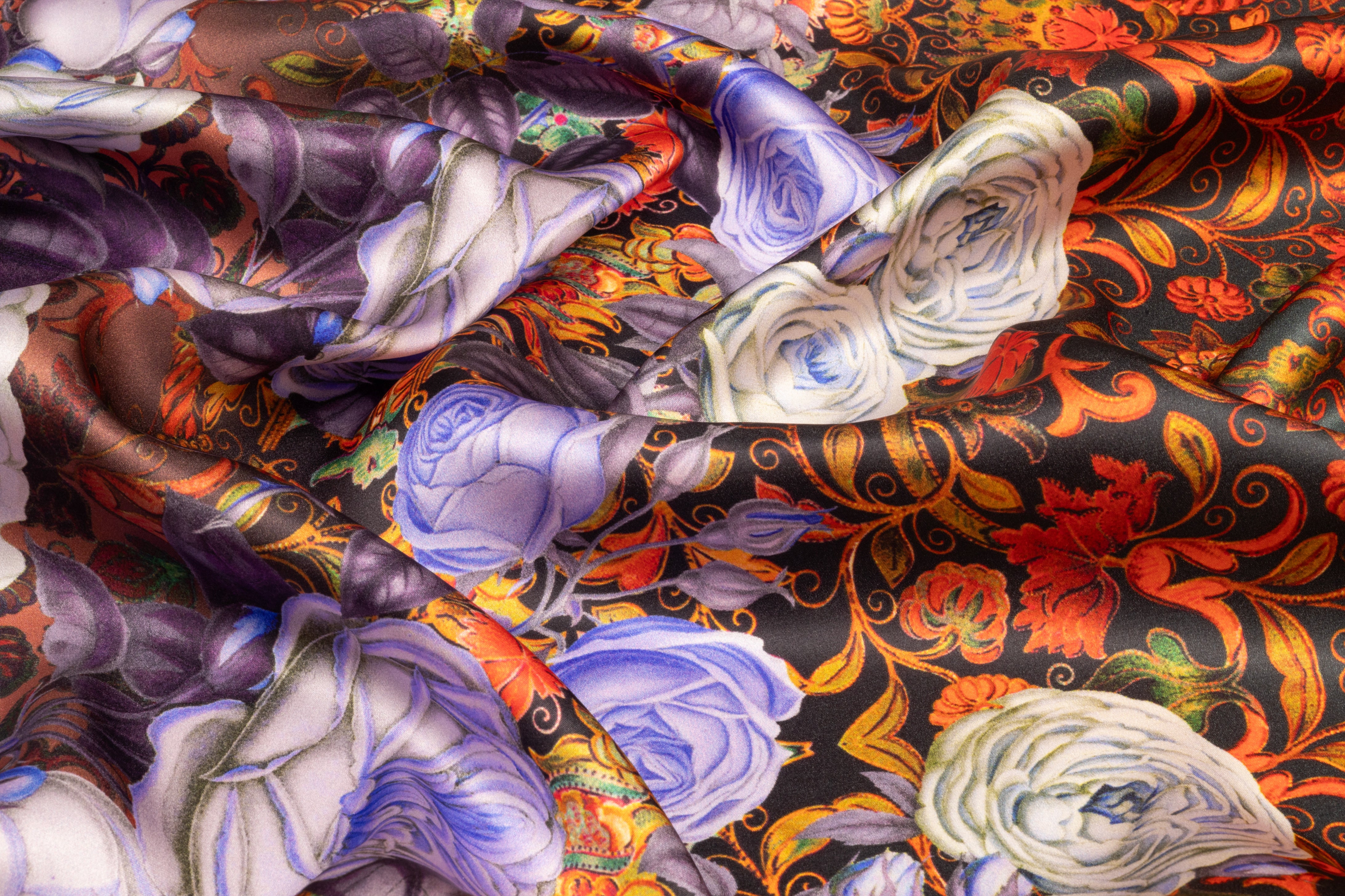 Baroque Floral Border Print Italian Silk Charmeuse - Lavender / Red / Teal