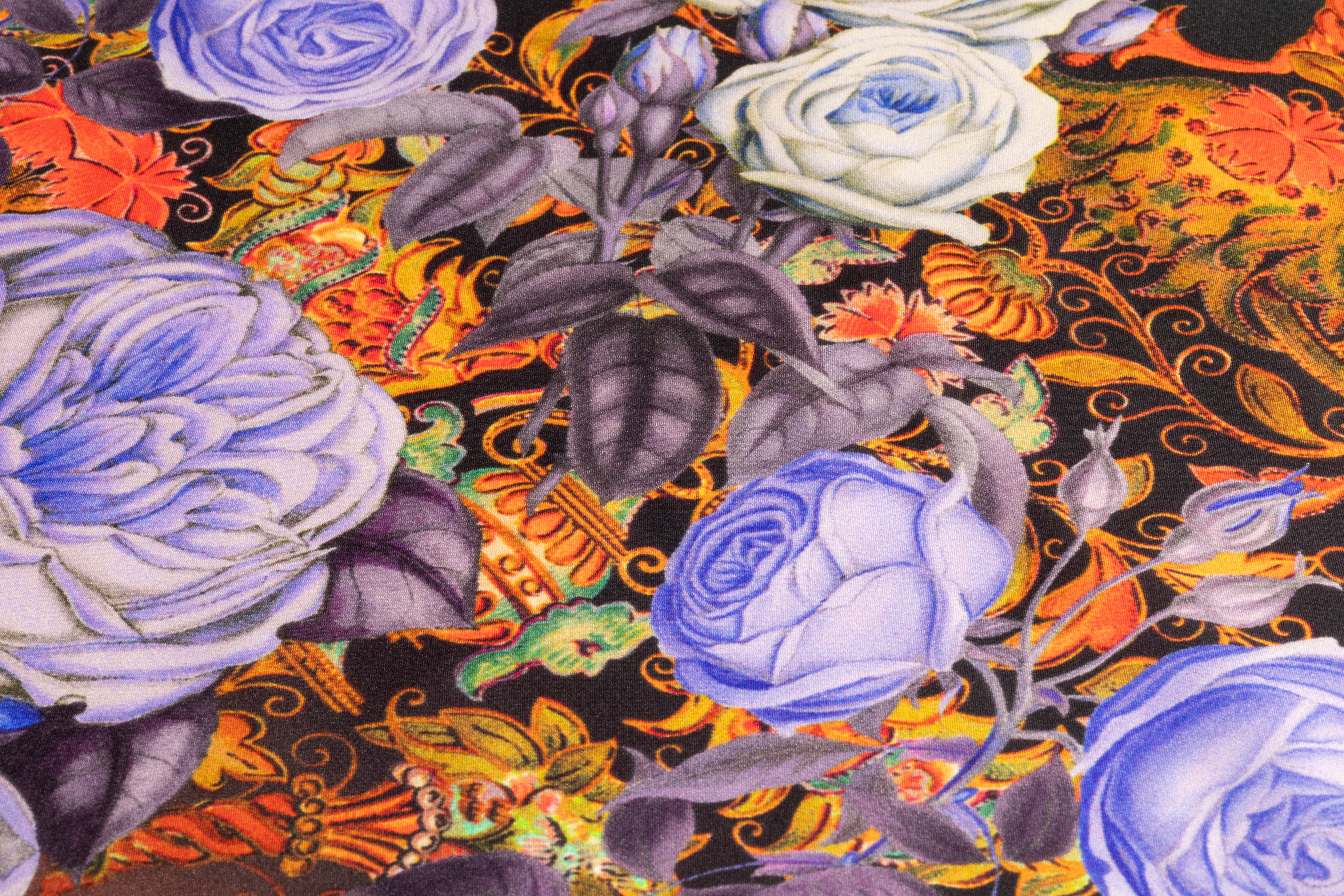 Baroque Floral Border Print Italian Silk Charmeuse - Lavender / Red / Teal