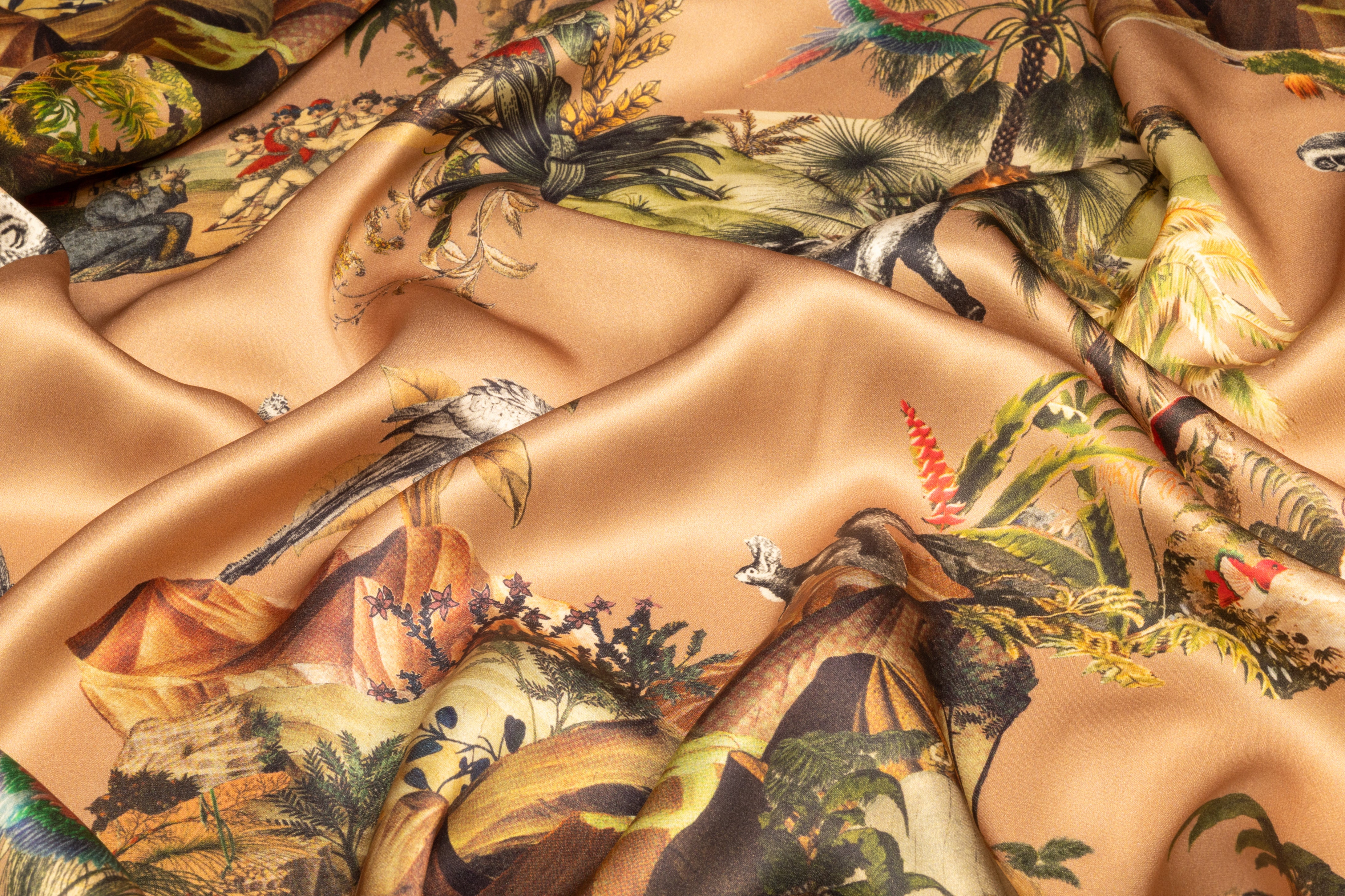 Jungle Toile Italian Silk Charmeuse - Beige