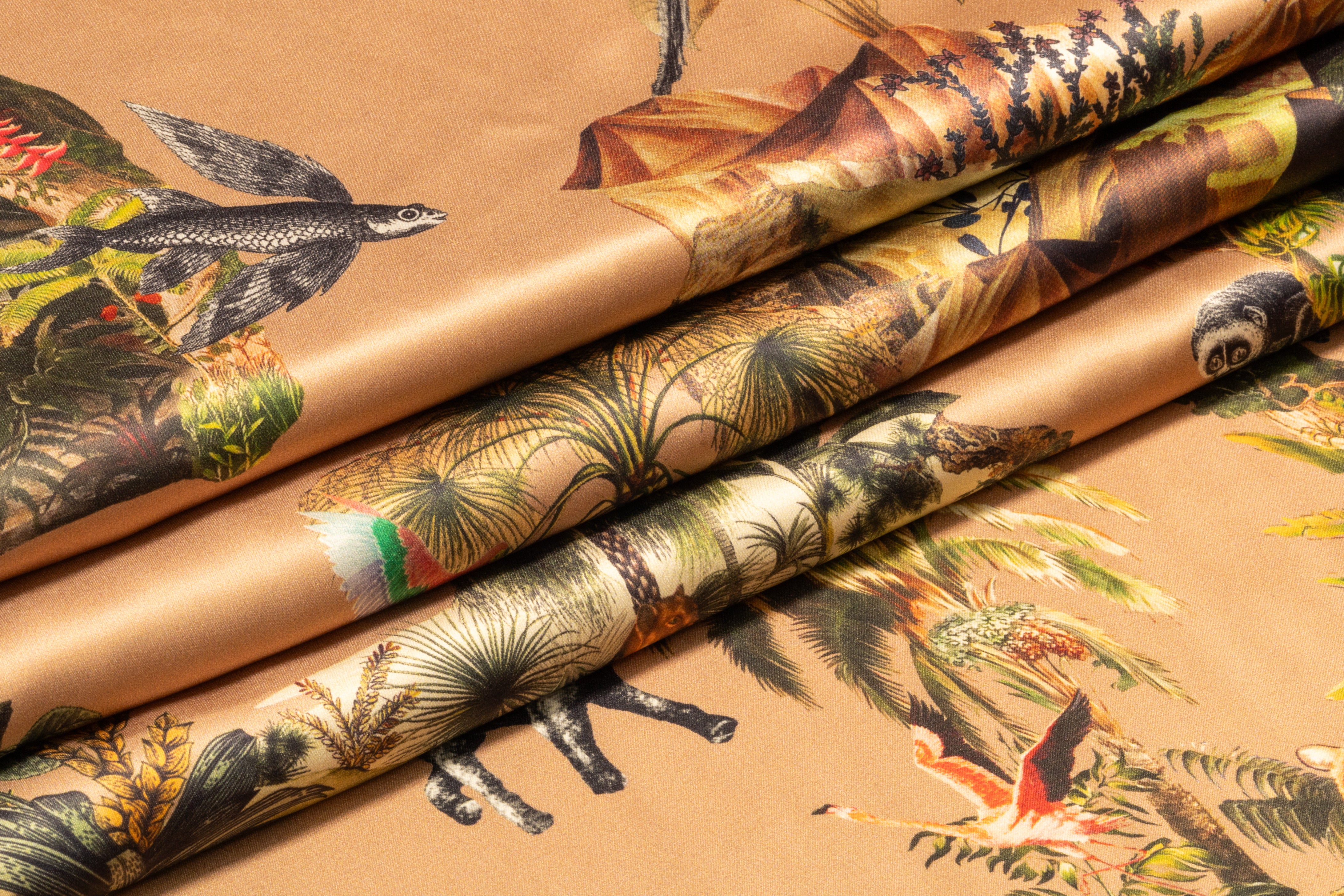 Jungle Toile Italian Silk Charmeuse - Beige