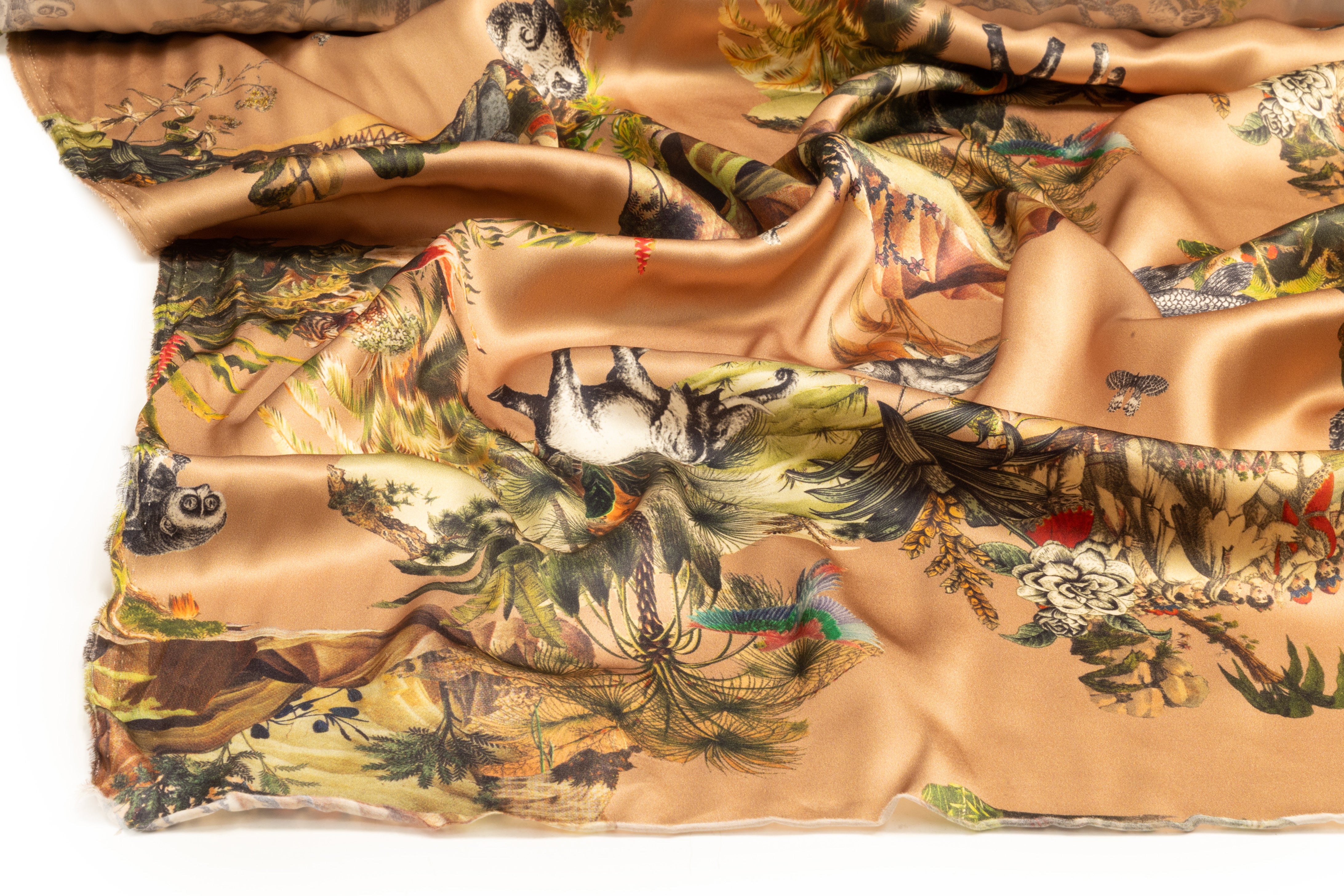 Jungle Toile Italian Silk Charmeuse - Beige