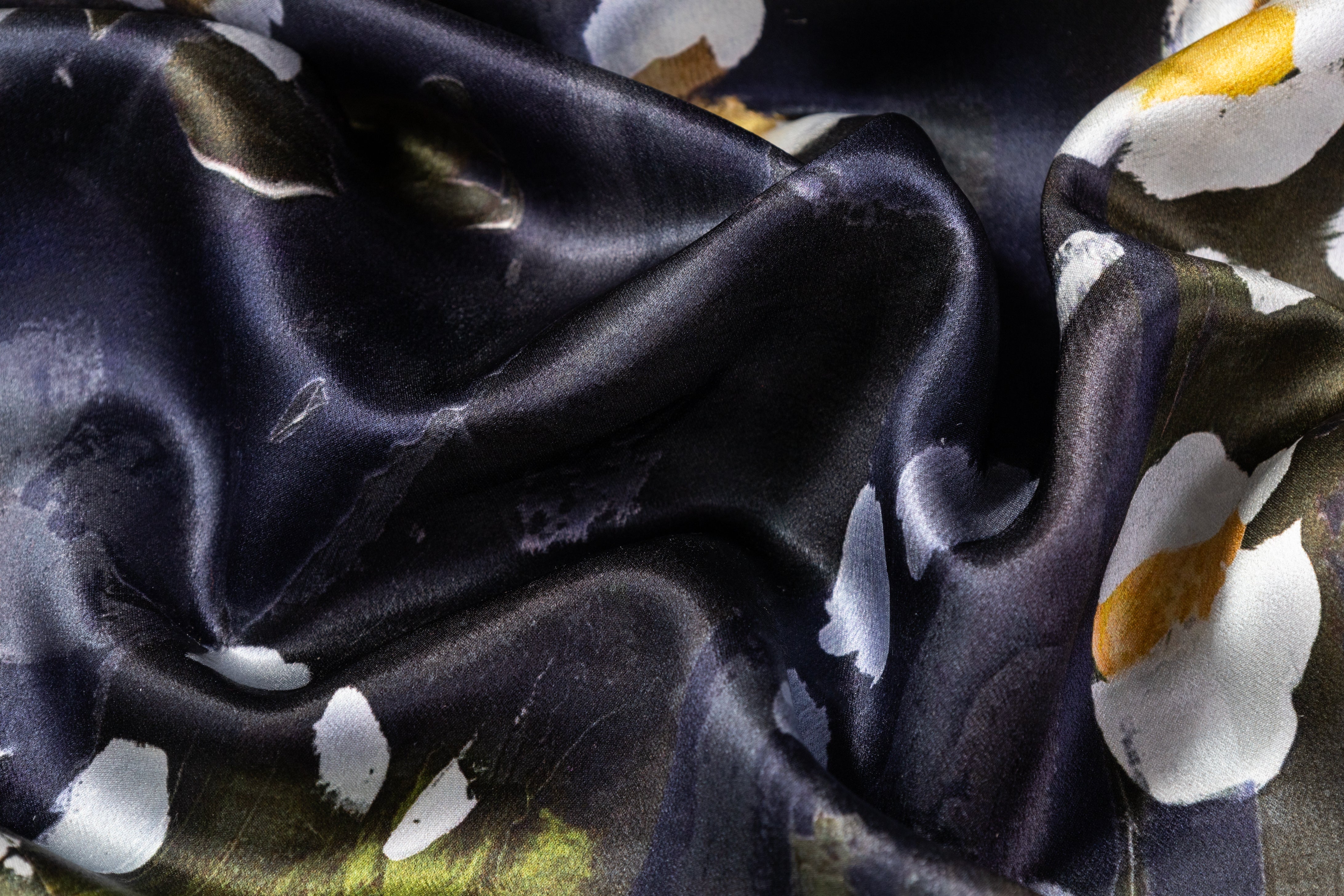 Floral Italian Silk Crepe Back Satin - Navy / Green / Gold