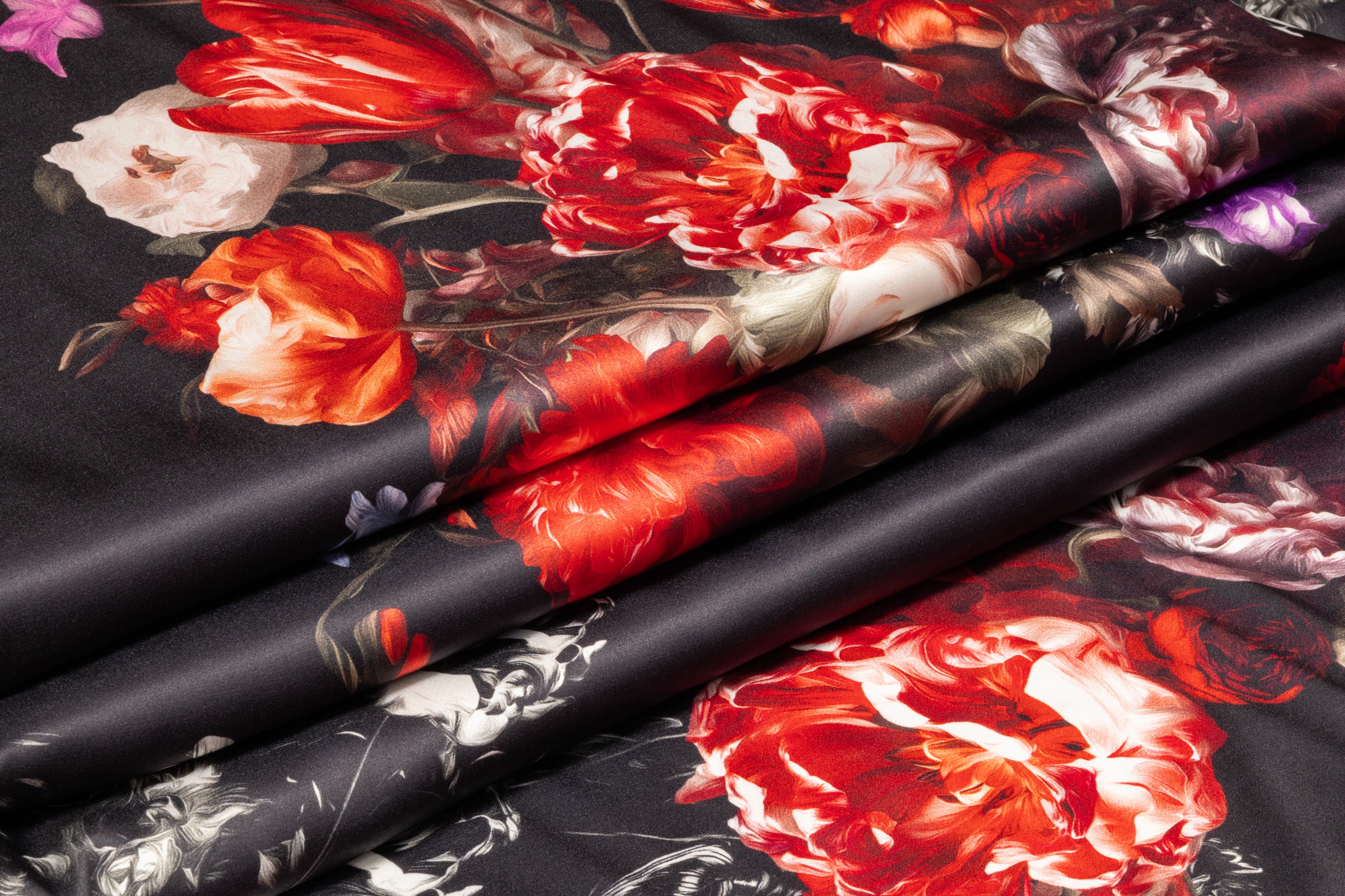 Floral Italian Silk Charmeuse - Red / Fuchsia / Black