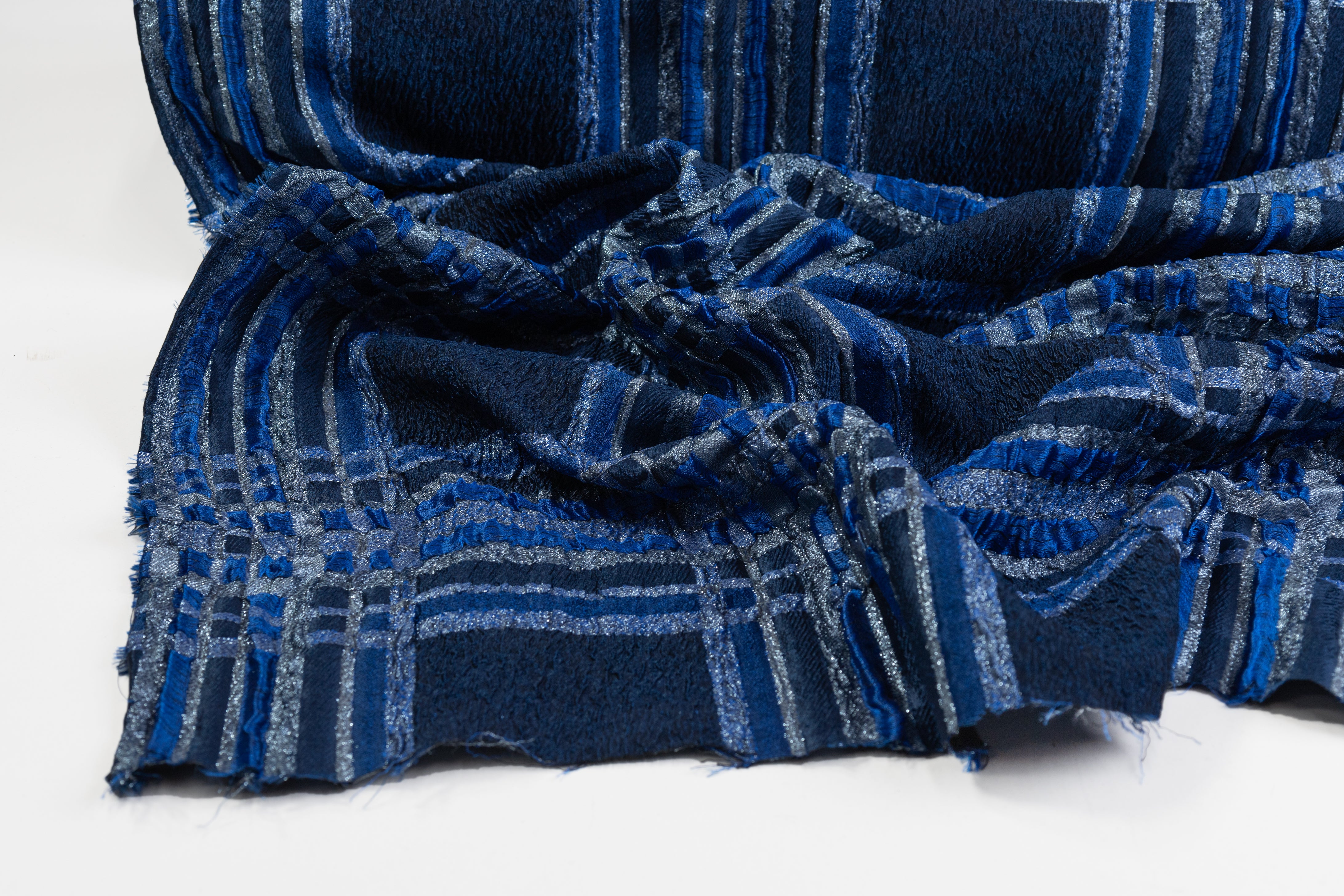 Plaid Crushed Metallic Italian Brocade - Blue