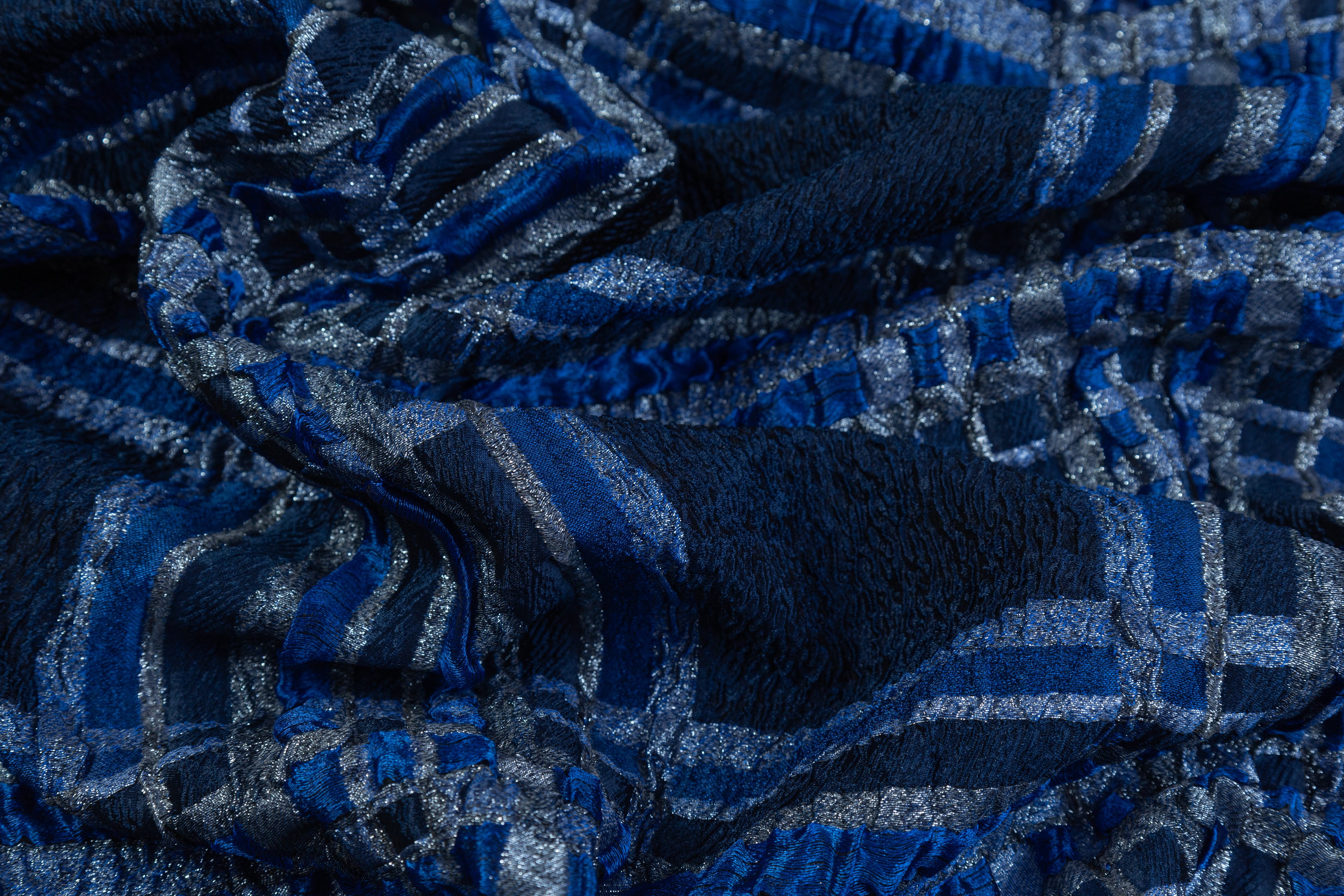 Plaid Crushed Metallic Italian Brocade - Blue