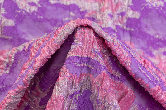 Abstract Crushed Metallic Italian Brocade - Pink / Purple / Silver