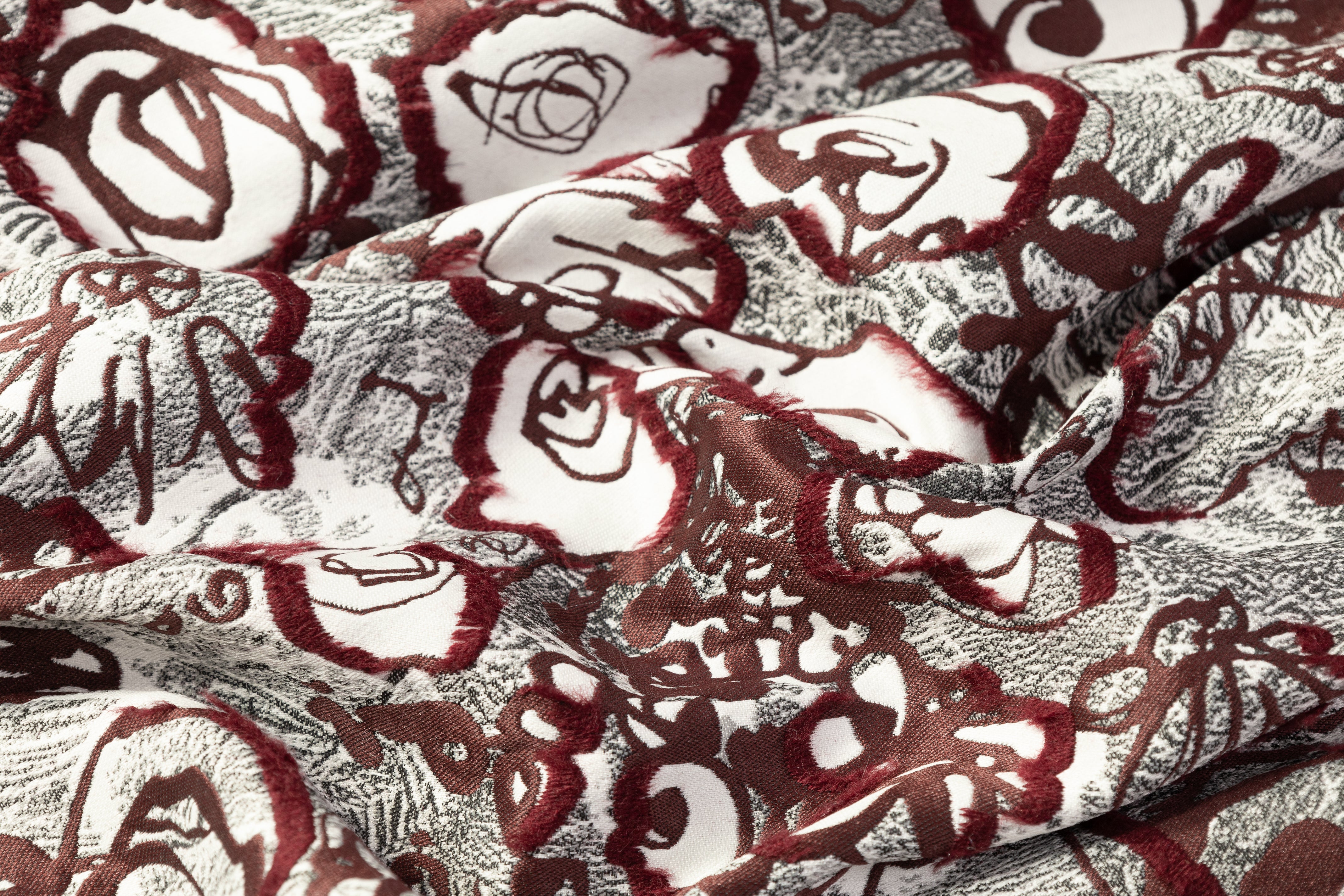 Abstract Italian Fil Coupé Brocade - Burgundy / Gray / White