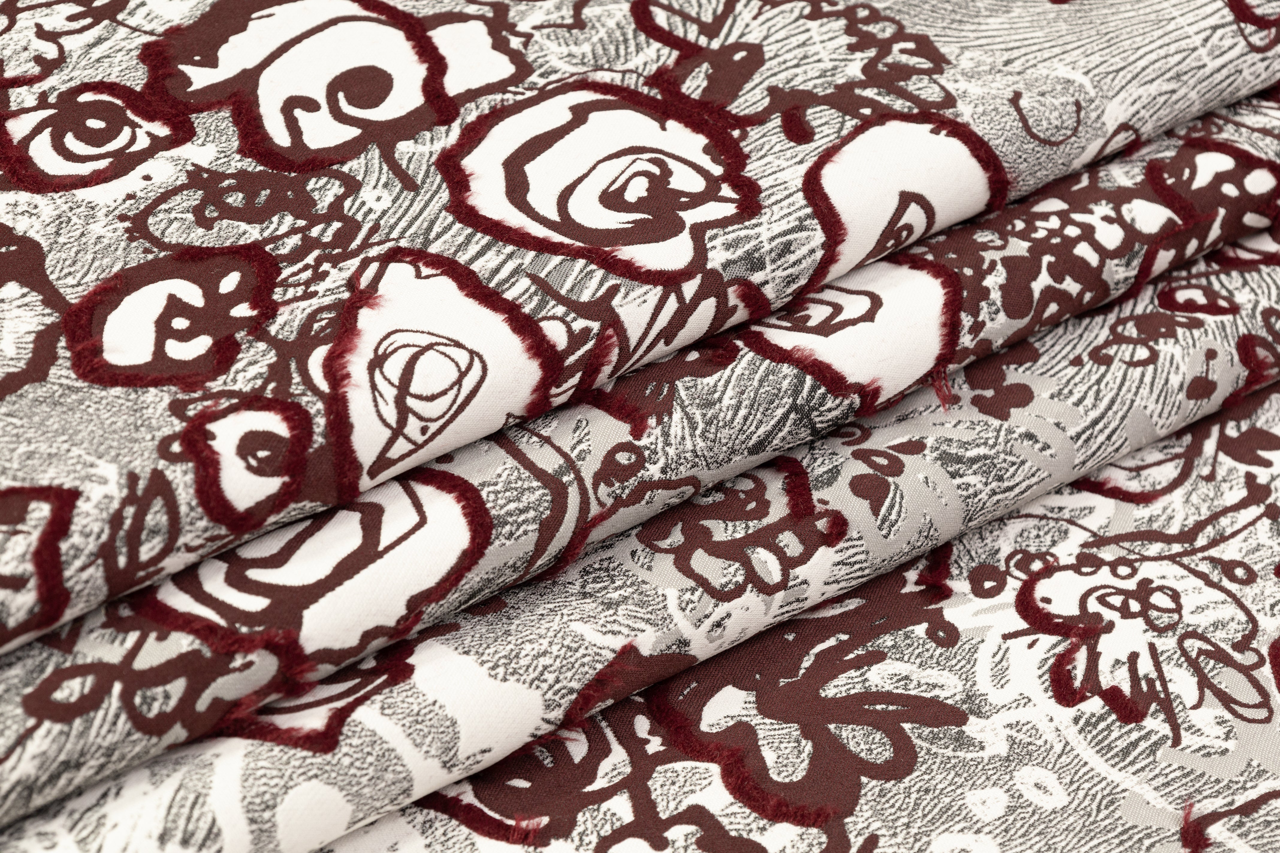 Abstract Italian Fil Coupé Brocade - Burgundy / Gray / White