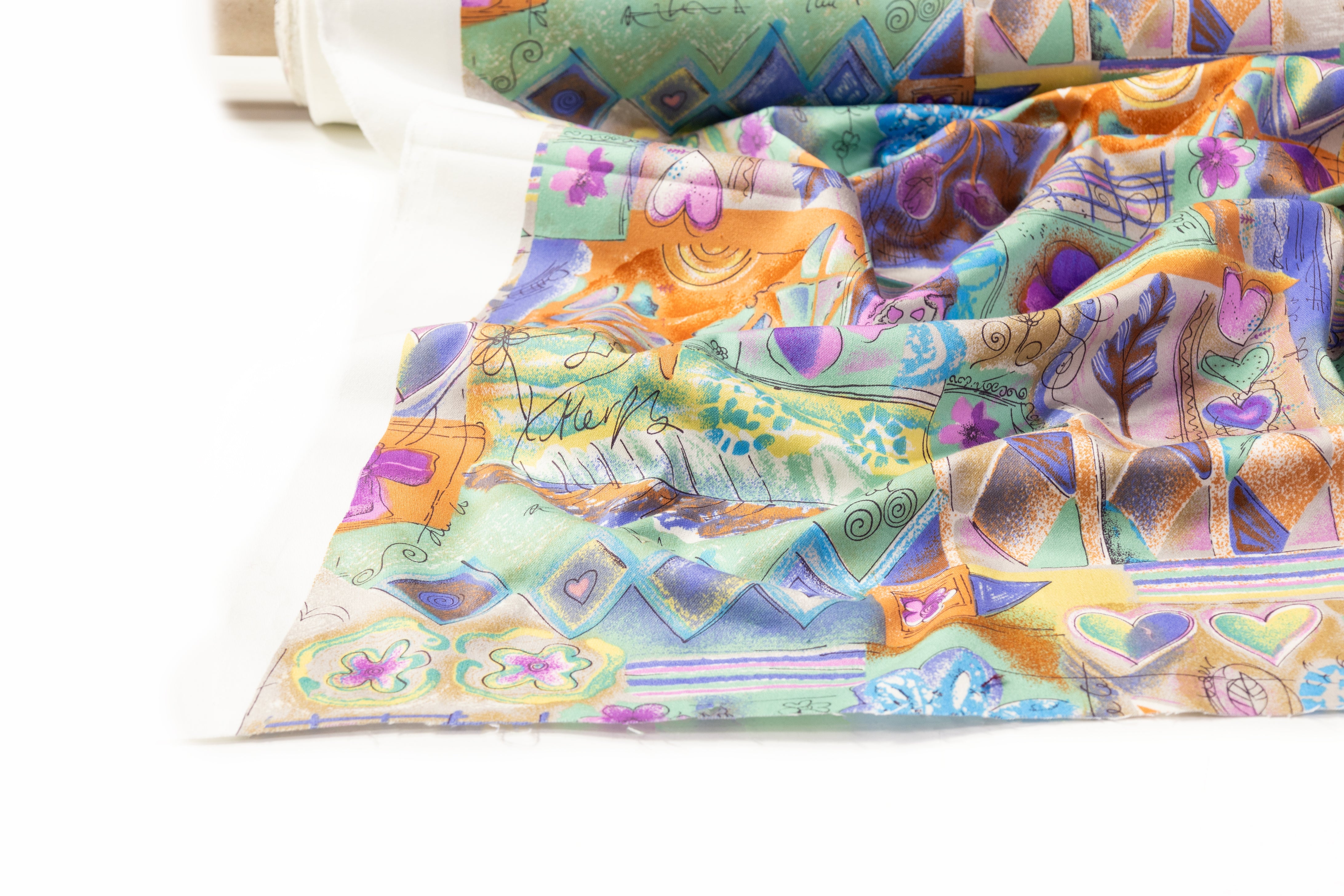 Floral Collage Japanese Cotton Twill - Green / Orange / Purple