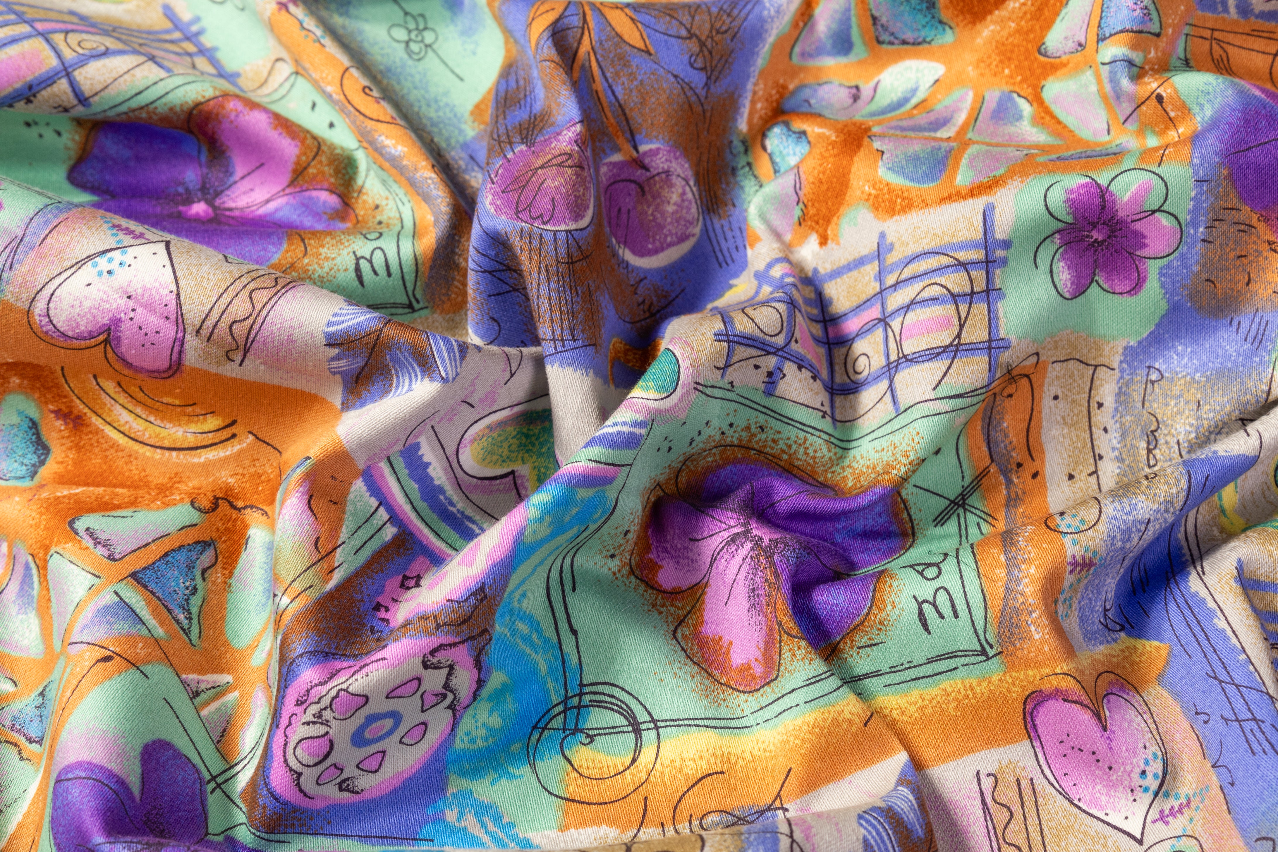 Floral Collage Japanese Cotton Twill - Green / Orange / Purple