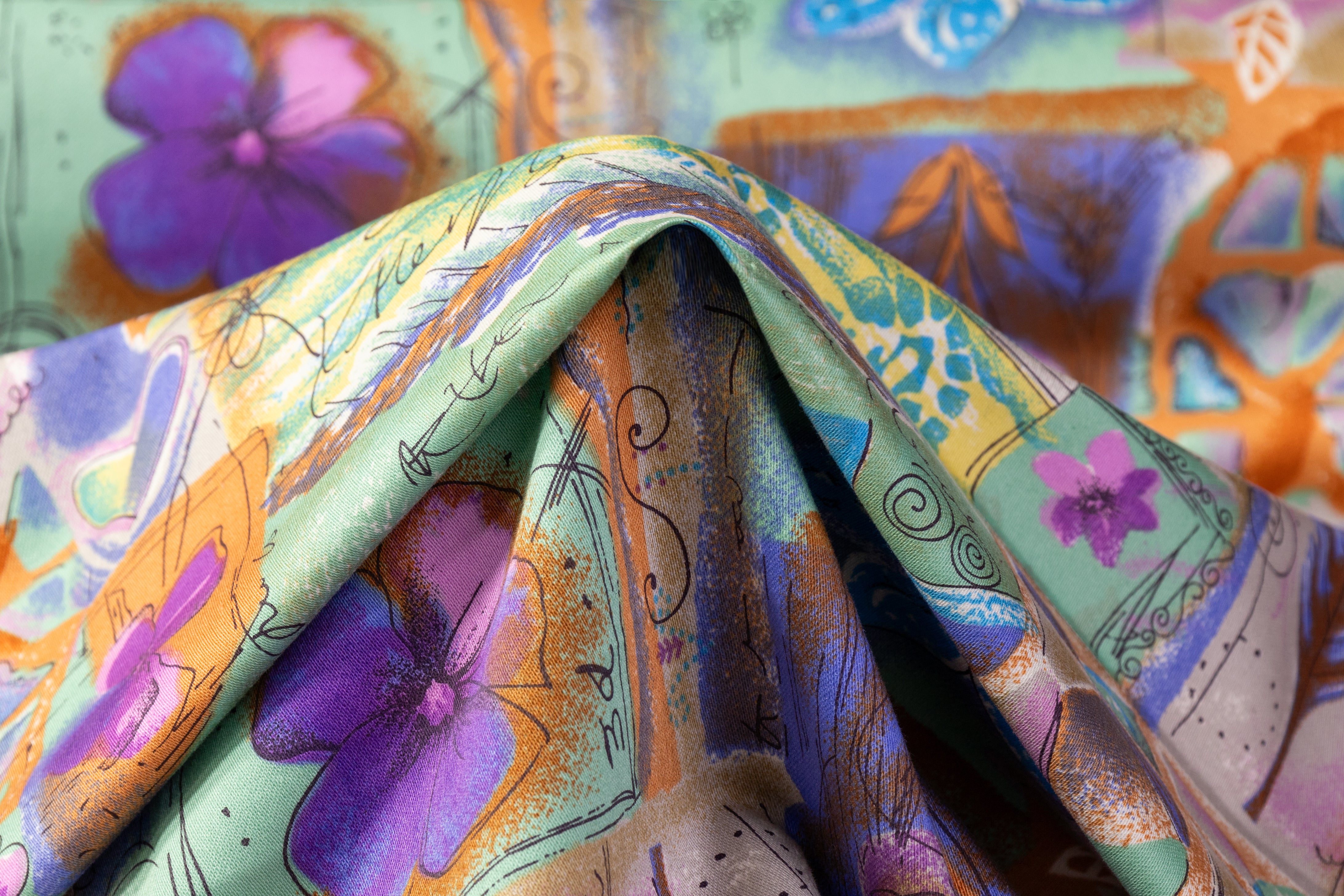 Floral Collage Japanese Cotton Twill - Green / Orange / Purple