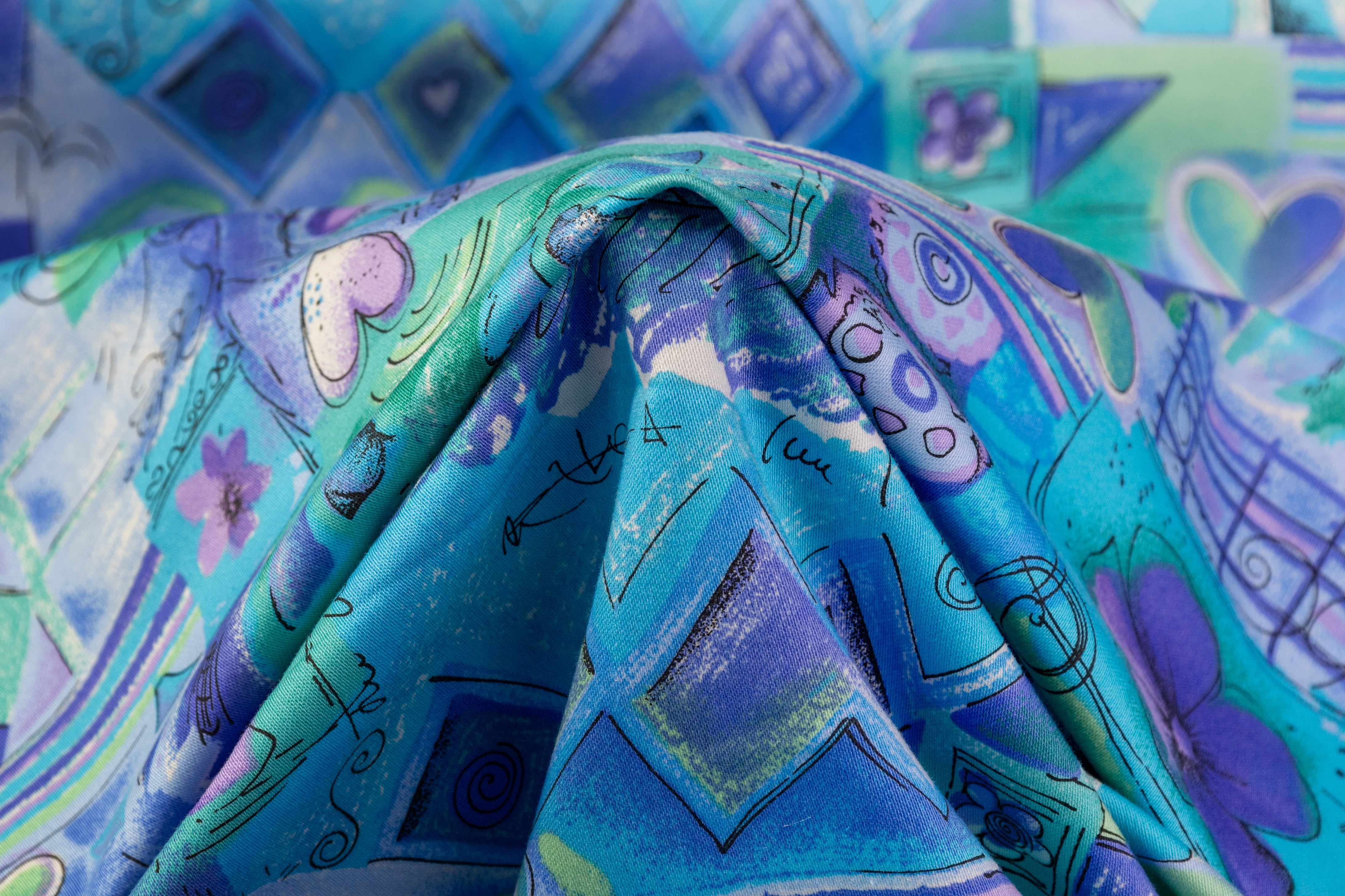 Floral Collage Japanese Cotton Twill - Blue / Green / Purple