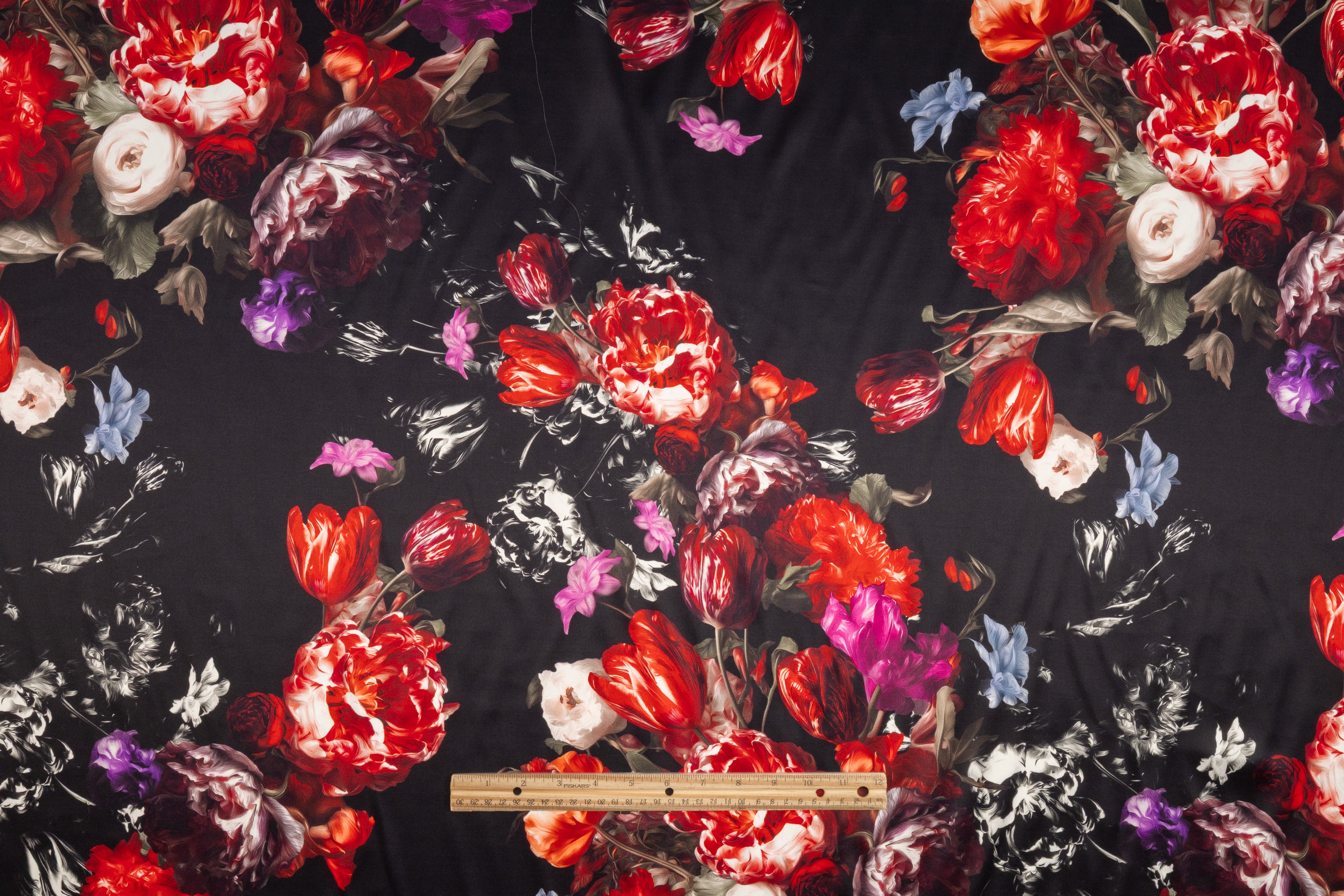 Floral Italian Silk Charmeuse - Red / Fuchsia / Black