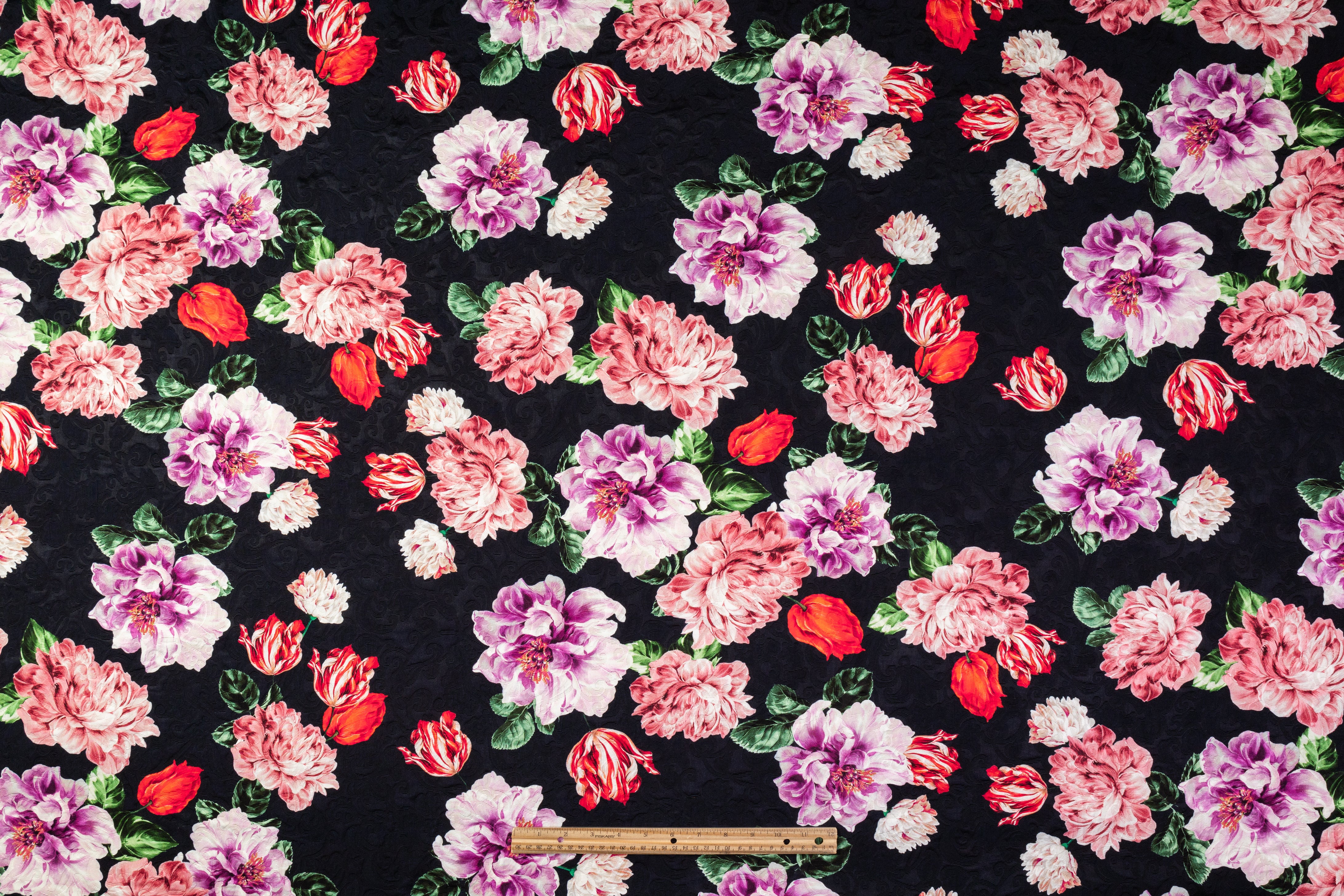 Emanuel Ungaro - Floral Italian Cotton Brocade - Midnight Navy / Red / Pink