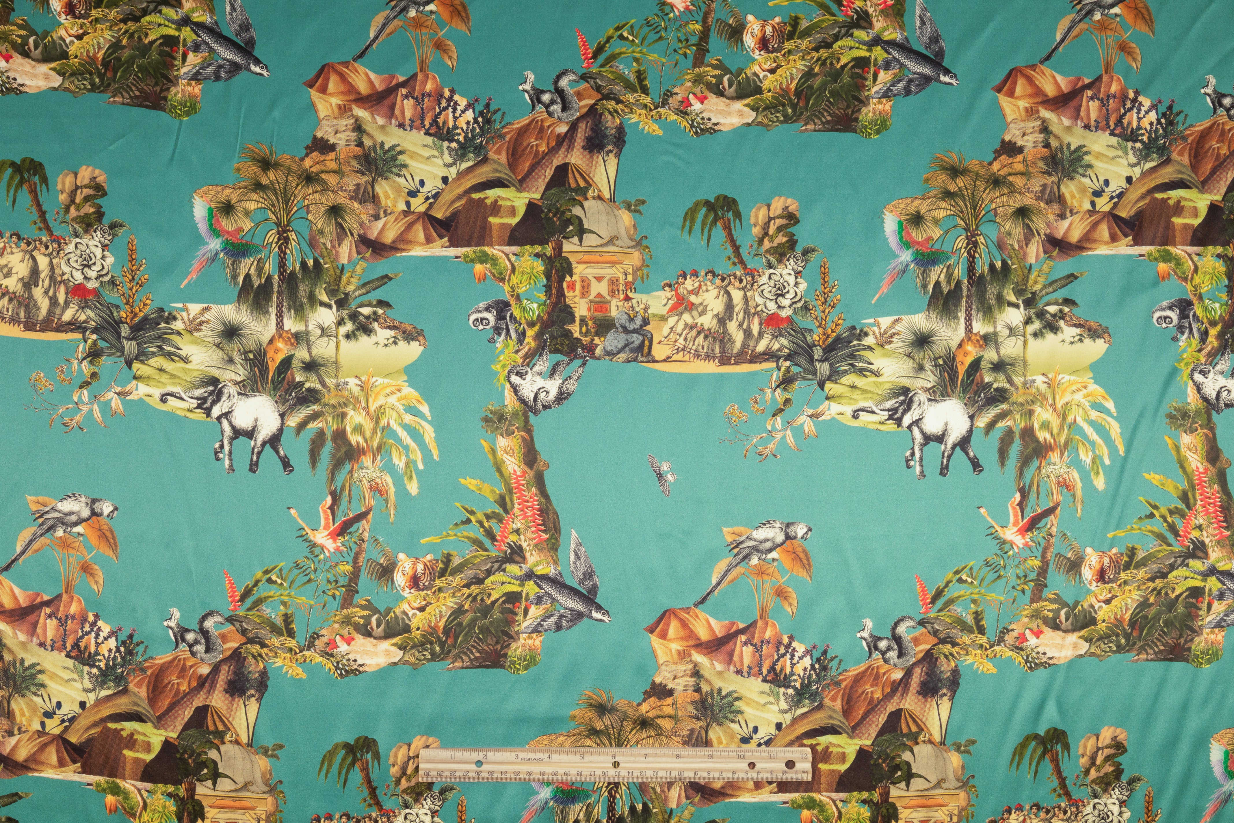 Jungle Toile Italian Silk Charmeuse - Teal Green