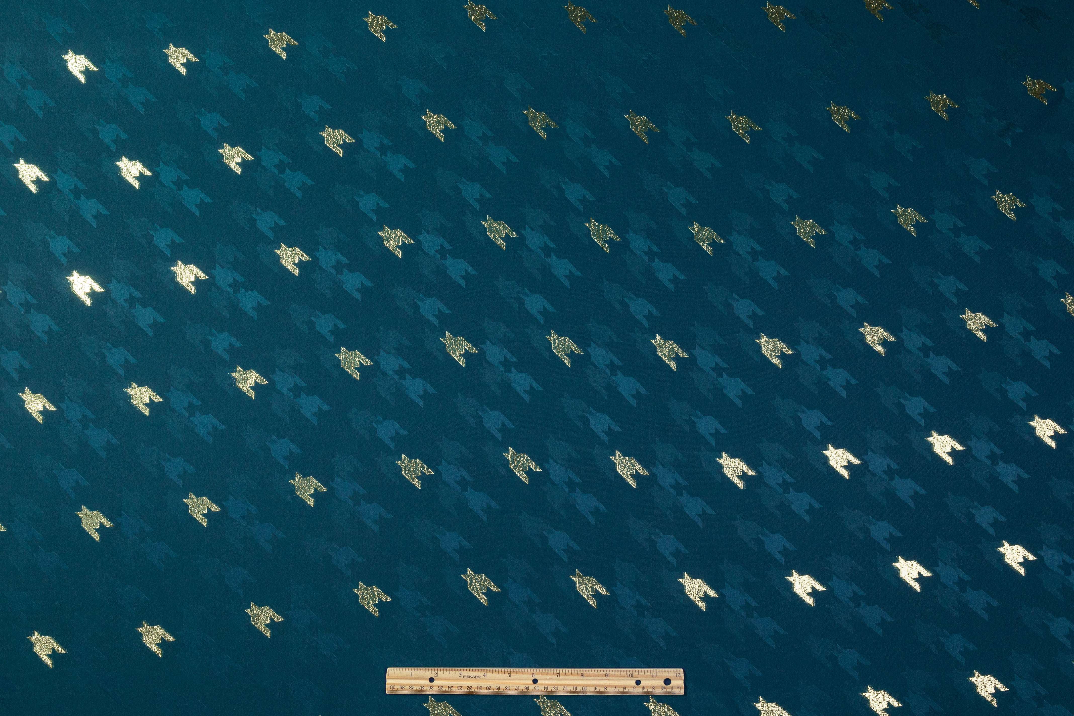 Houndstooth Italian Metallic Silk Jacquard - Teal Blue / Gold