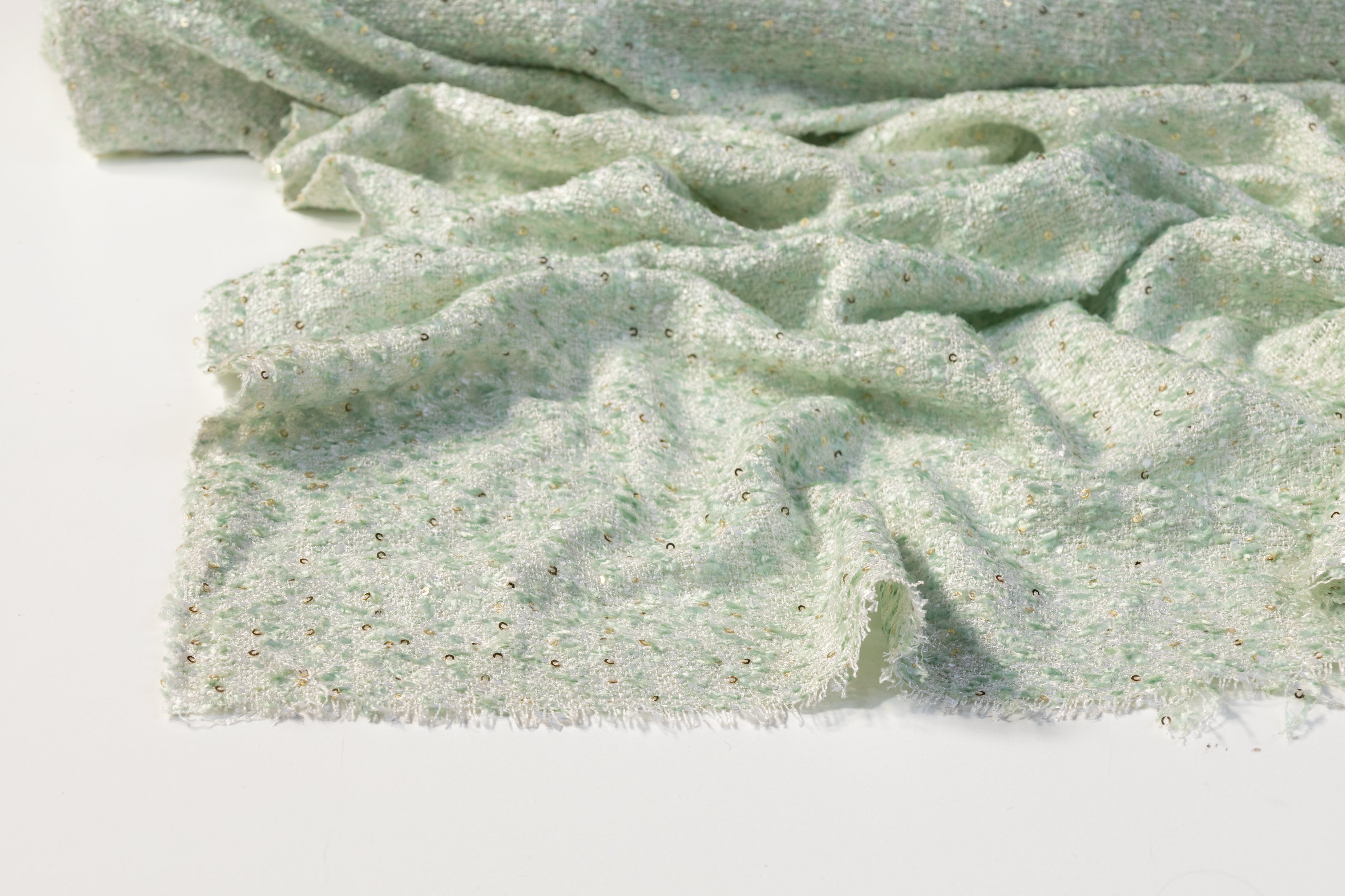 Sequined Viscose Chenille Tweed - Green / White / Gold
