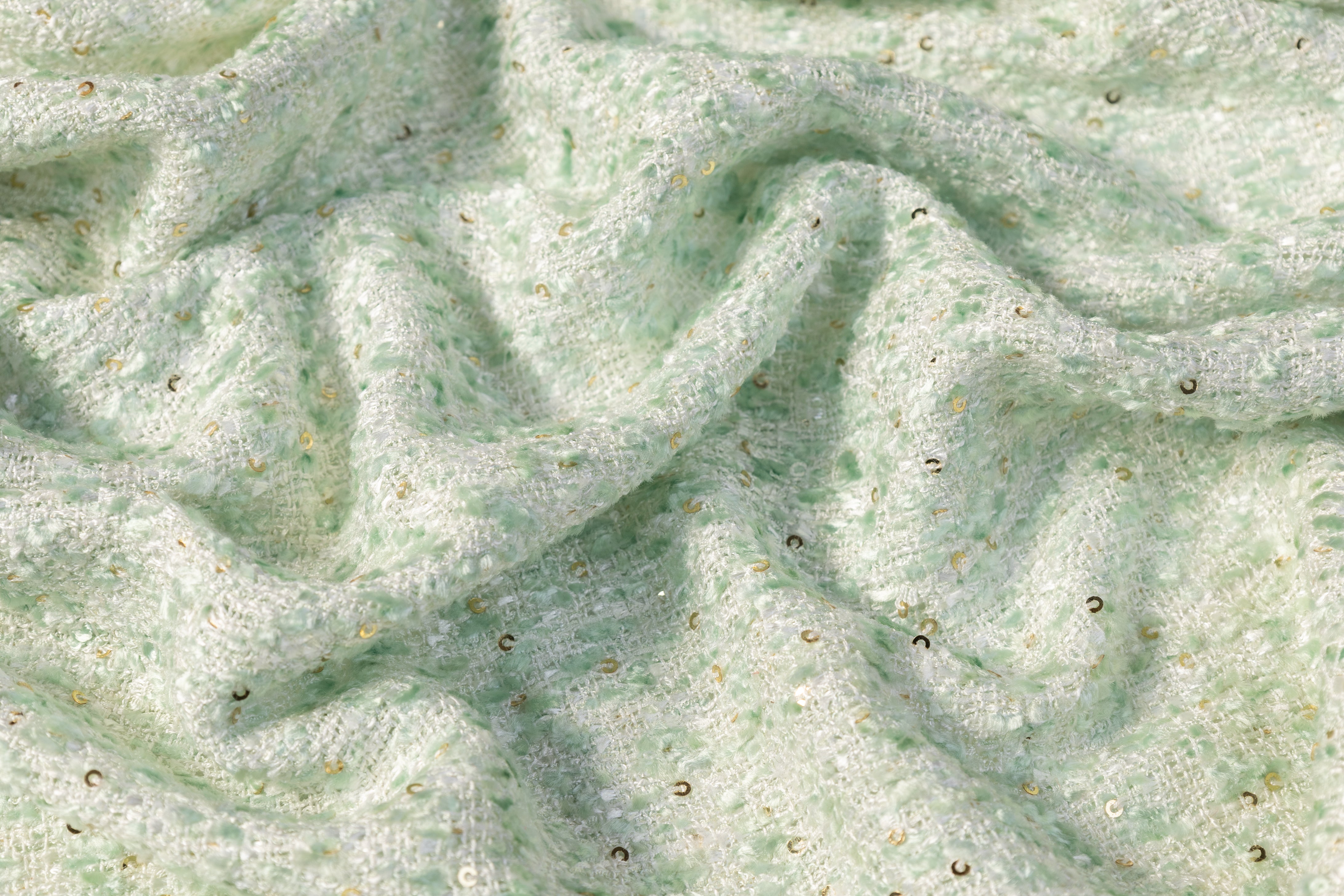 Sequined Viscose Chenille Tweed - Green / White / Gold