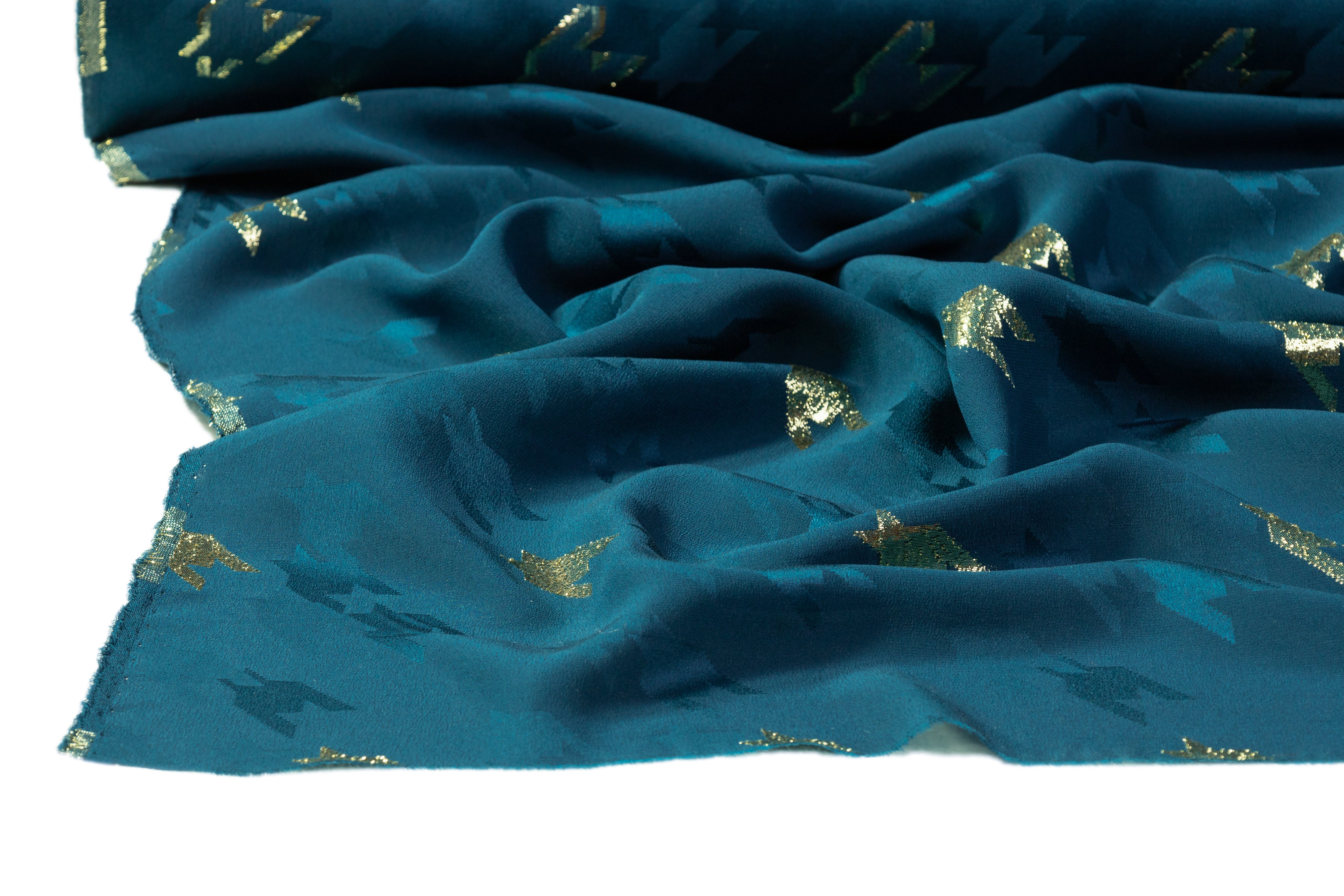 Houndstooth Italian Metallic Silk Jacquard - Teal Blue / Gold