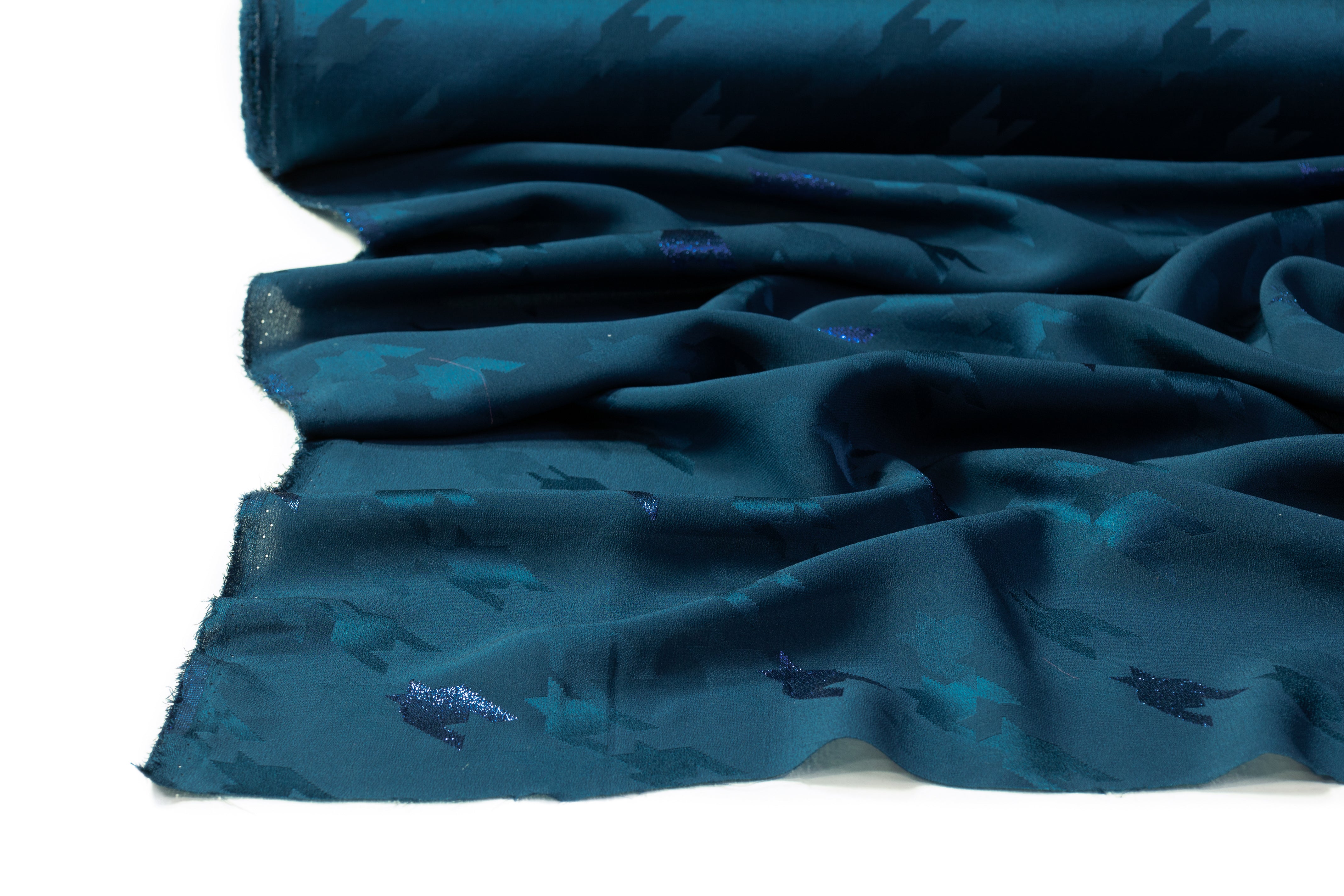 Houndstooth Italian Metallic Silk Jacquard - Teal Blue