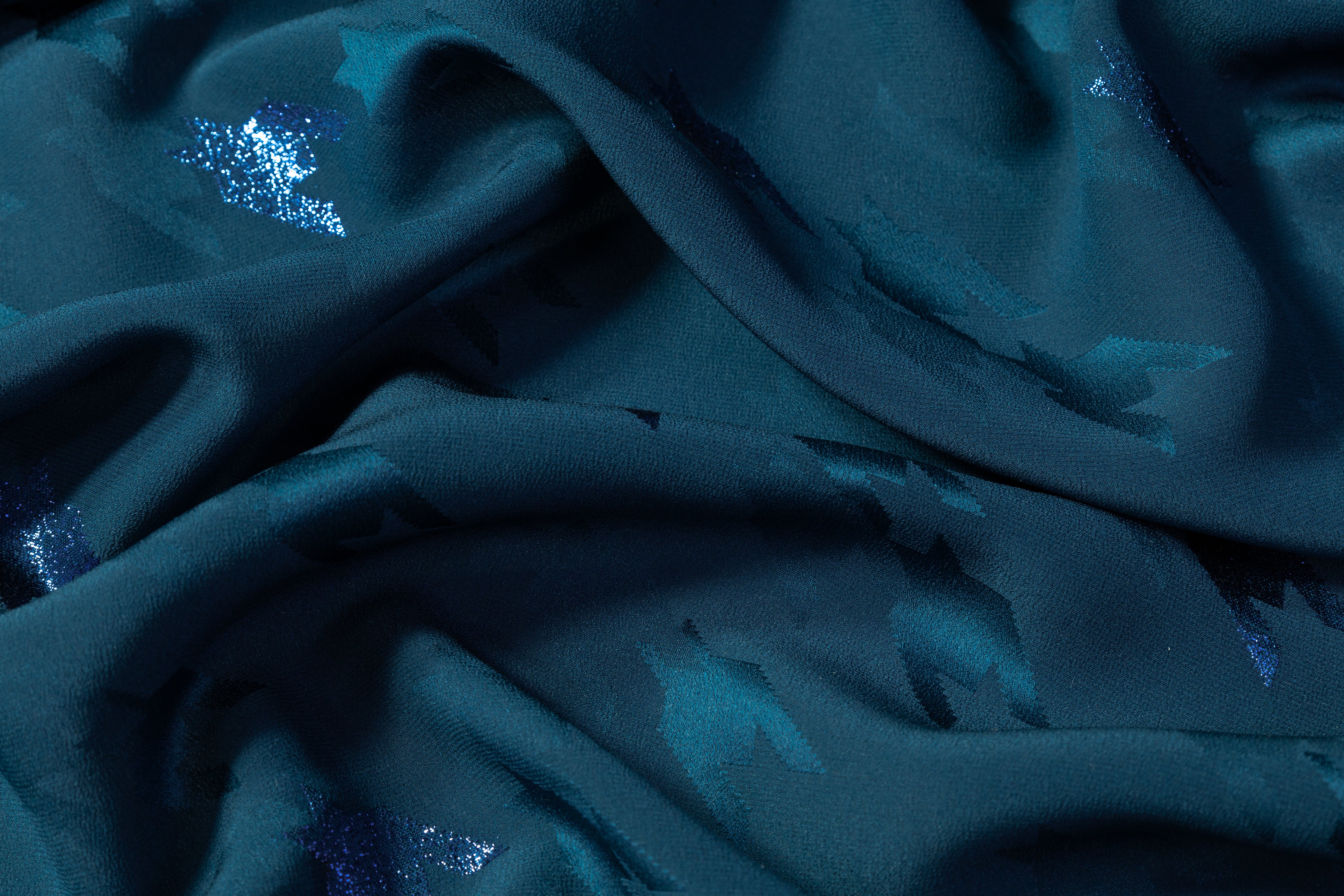 Houndstooth Italian Metallic Silk Jacquard - Teal Blue