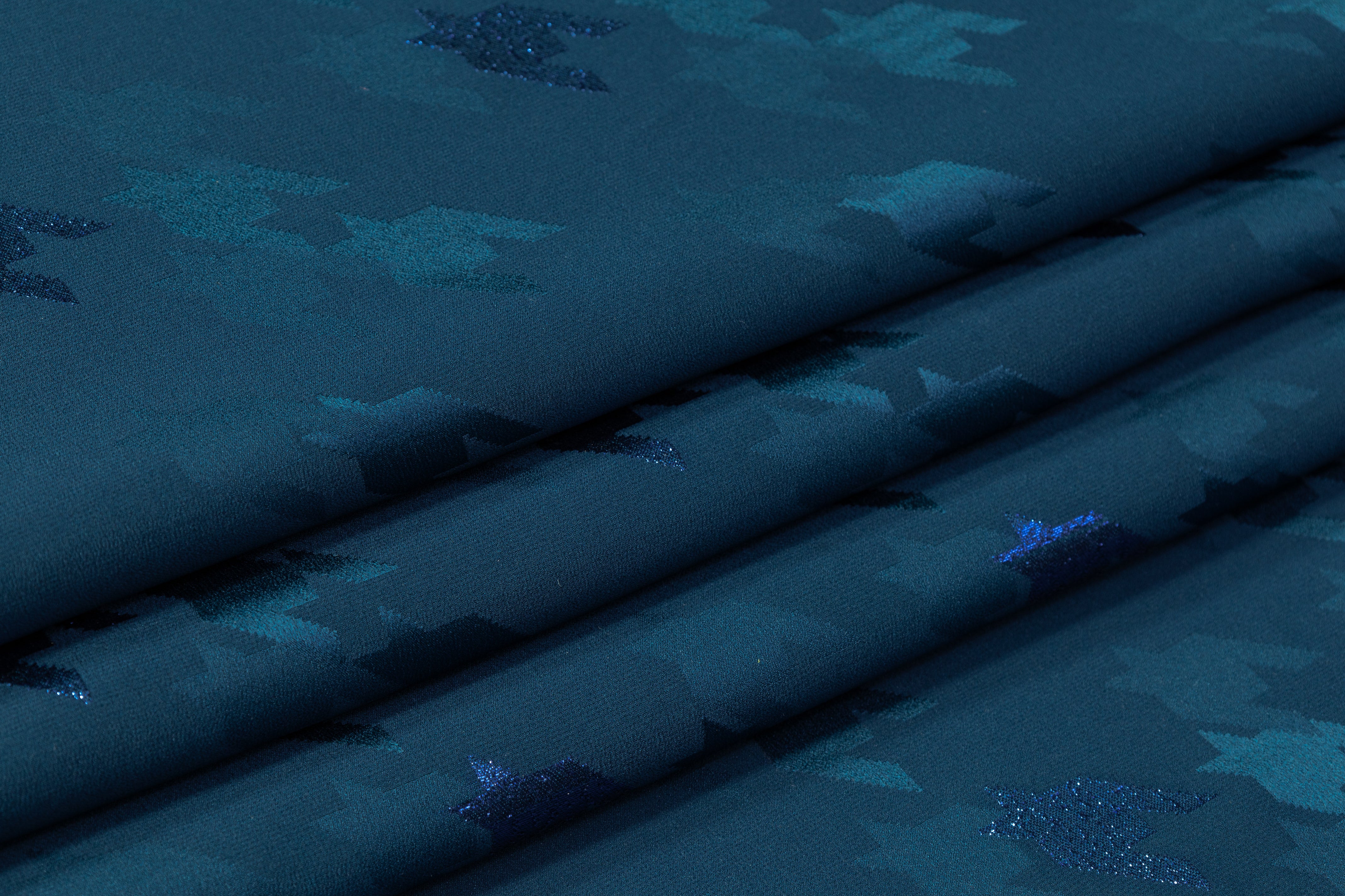 Houndstooth Italian Metallic Silk Jacquard - Teal Blue