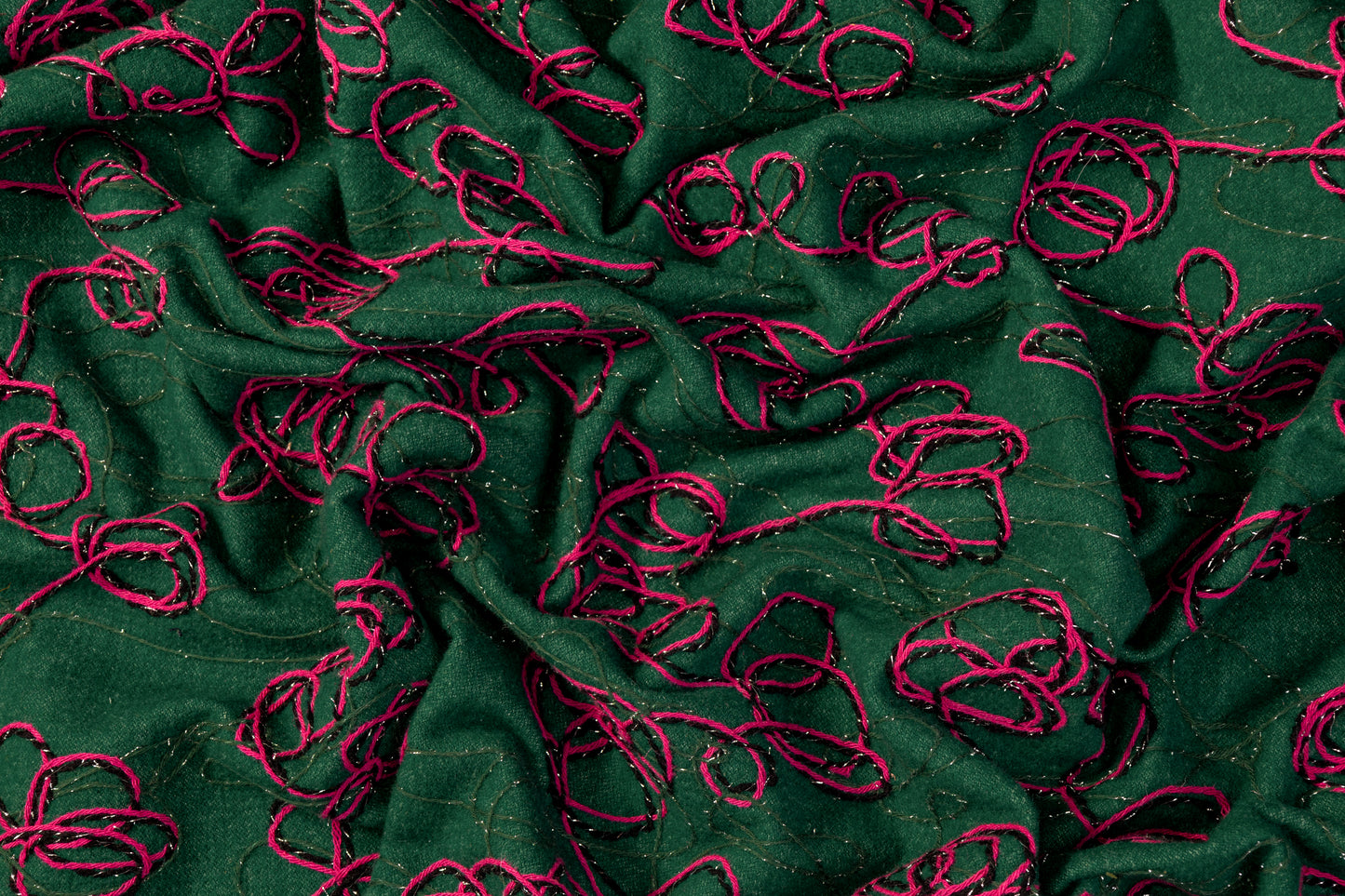 Embroidered Wool Blend Coating - Green / Fuchsia / Black / Silver